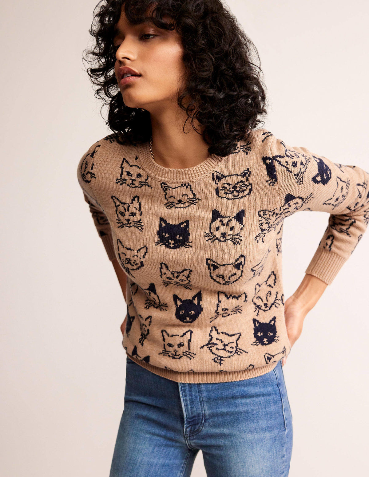 Heather Jacquard Jumper-Camel and Navy, Cats-4