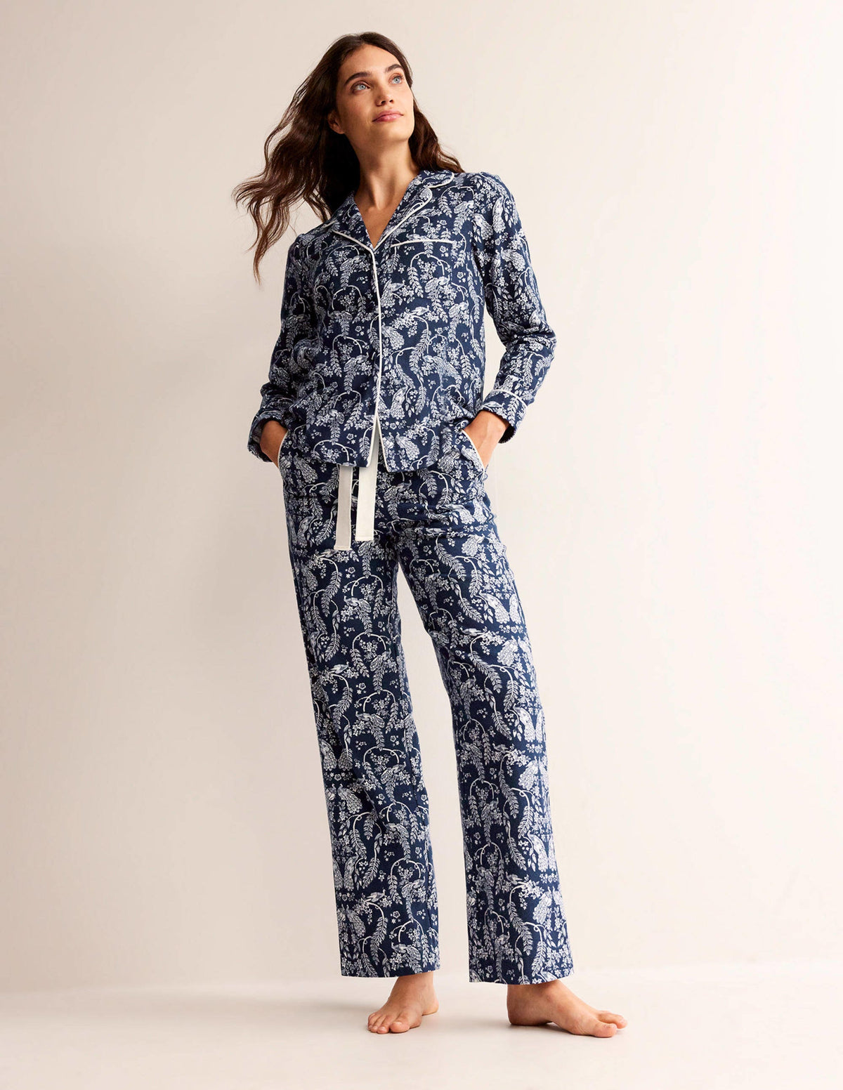 Brushed Cotton Pyjama Trousers-French Navy, Peacock - Image 1