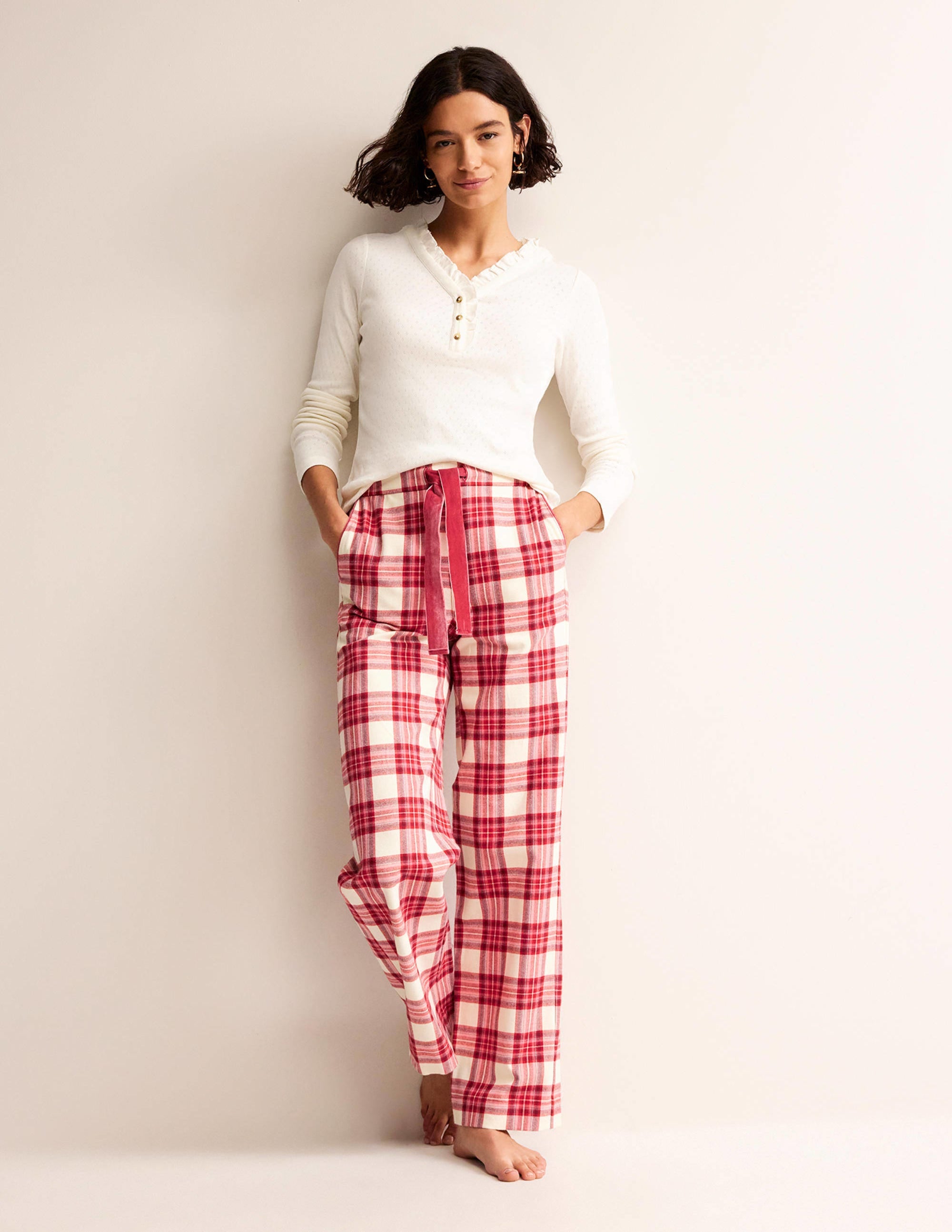 Brushed Cotton Pyjama Trousers-Tonal Reds Check - Image 1