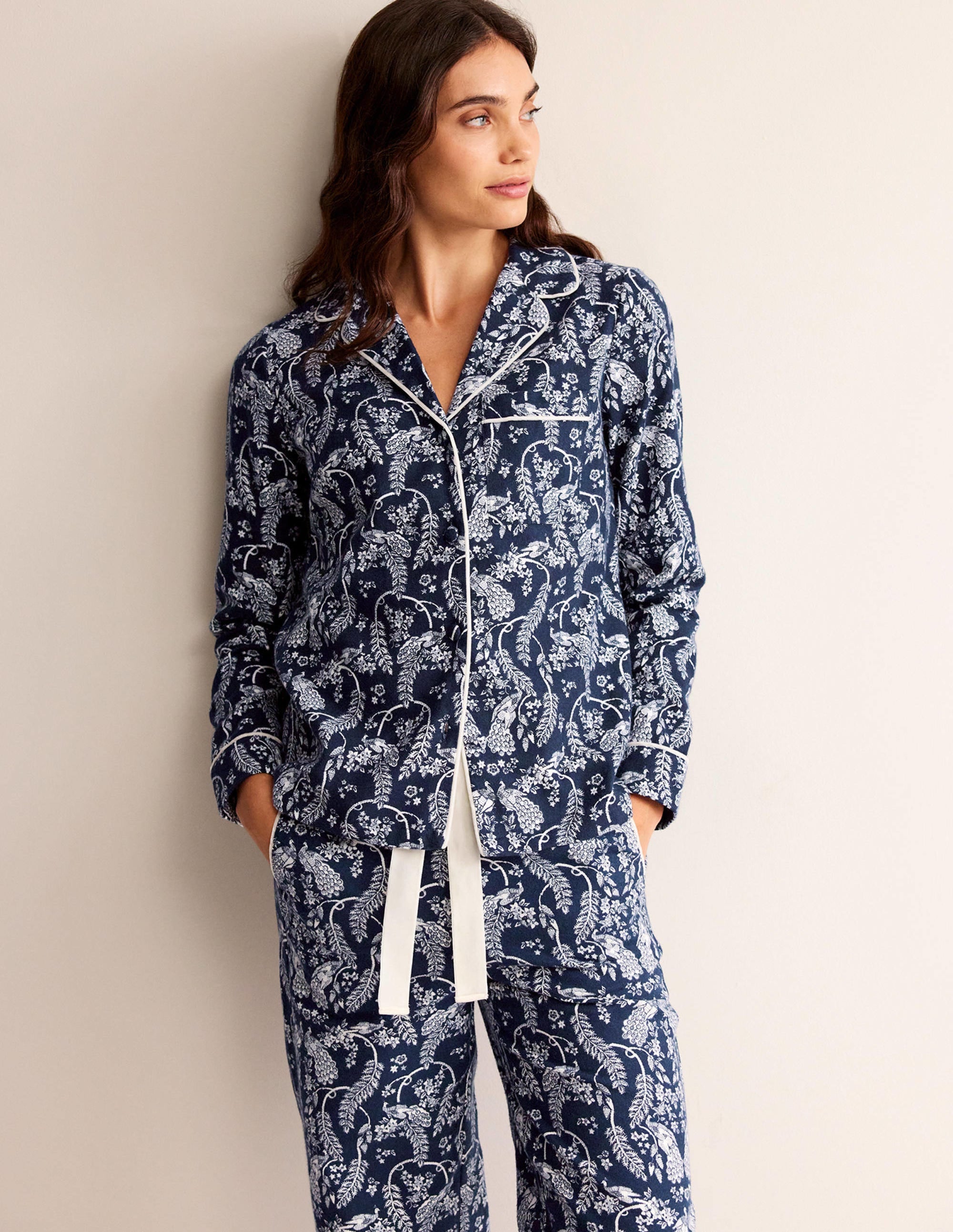 Brushed Cotton Pyjama Shirt-French Navy, Peacock - Image 1