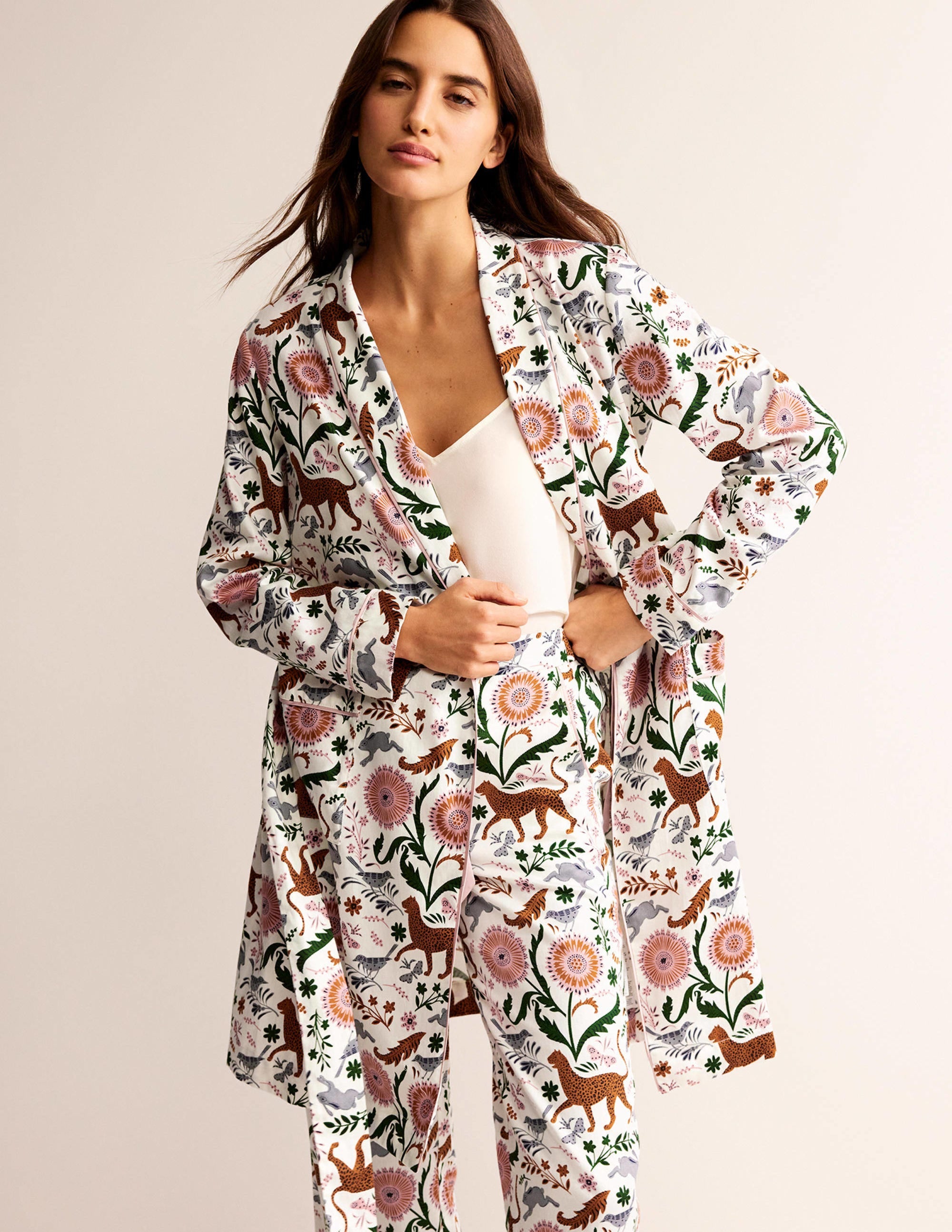 Cotton-Sateen Dressing Gown-Ivory, Jungle Flora - Image 1