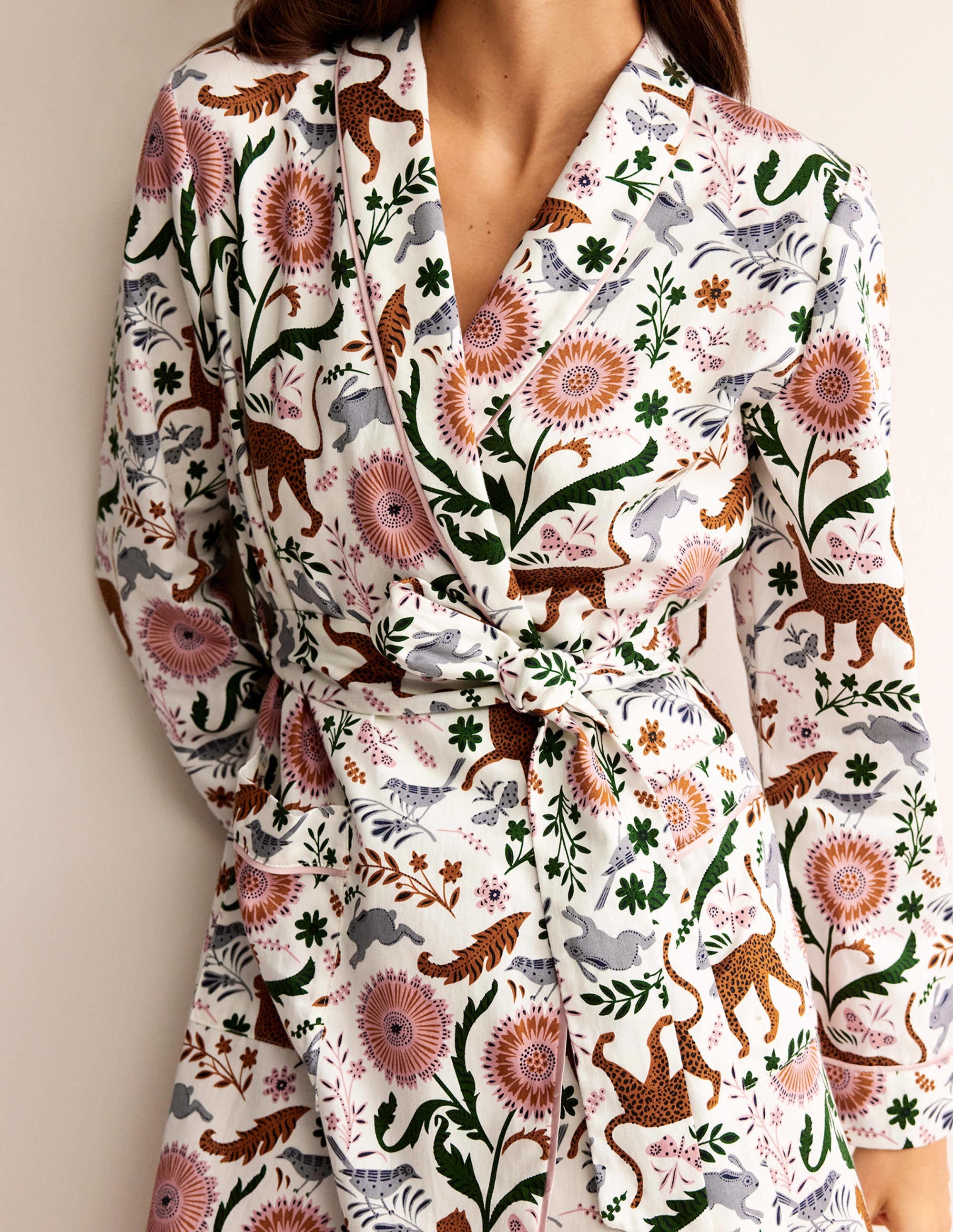 Cotton-Sateen Dressing Gown-Ivory, Jungle Flora - Image 2