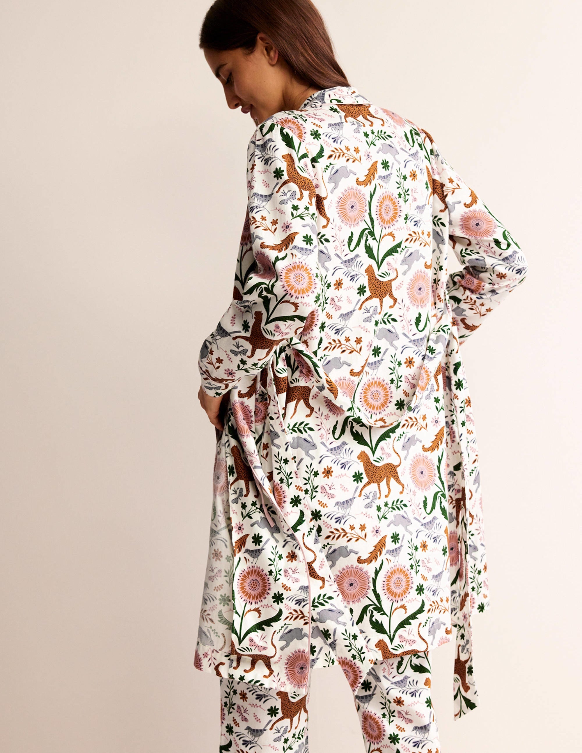Cotton-Sateen Dressing Gown-Ivory, Jungle Flora - Image 3