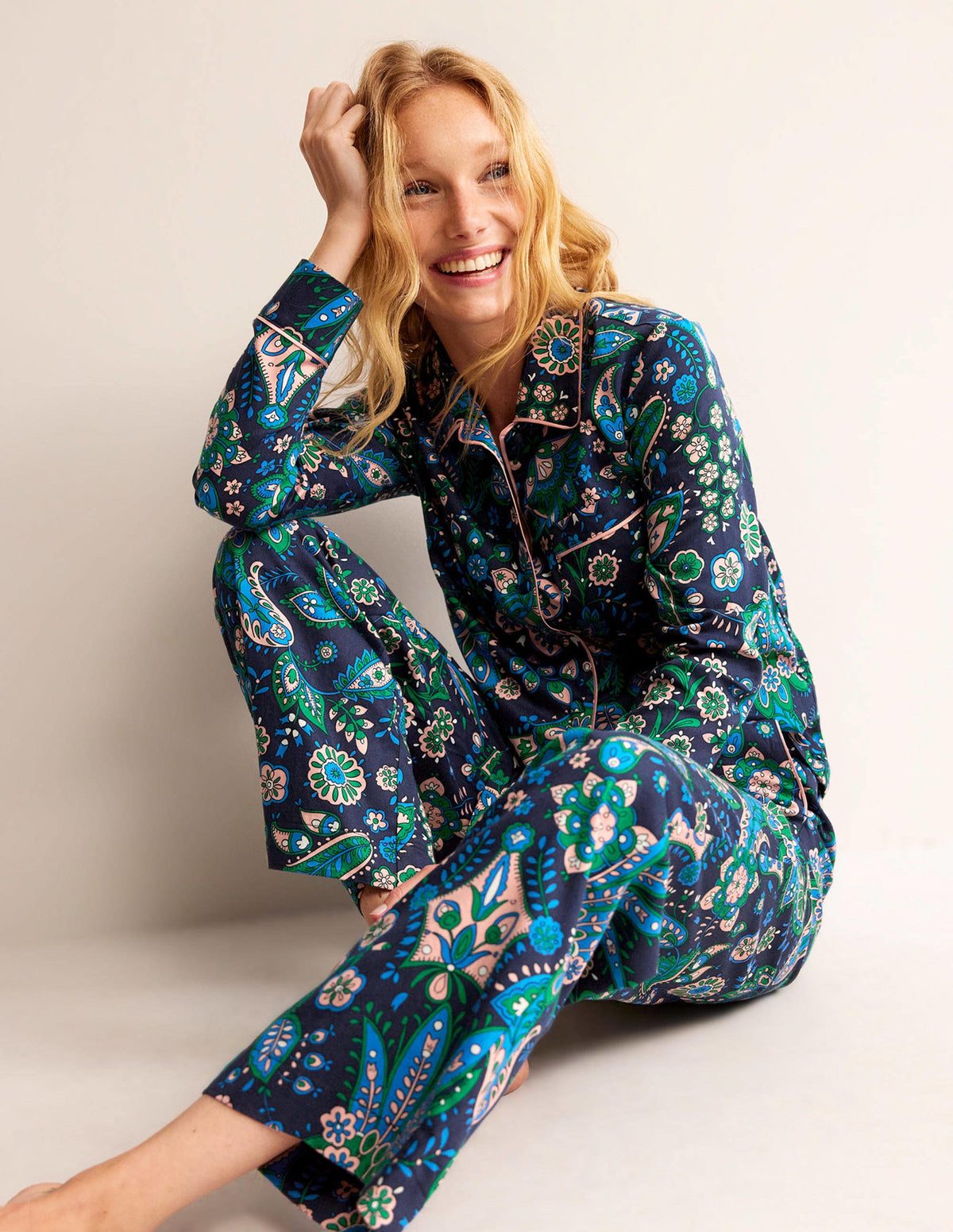 Cotton Sateen Pyjama Trousers-Multi, Azalea Bloom-1