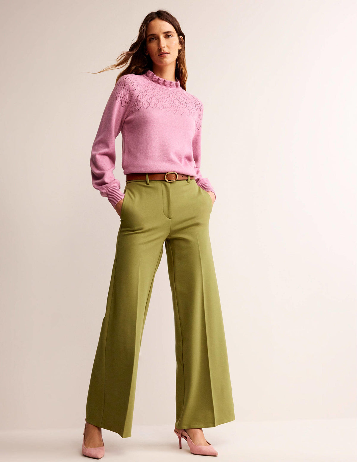 Wide Leg Ponte Trousers-Green Olive - Image 1
