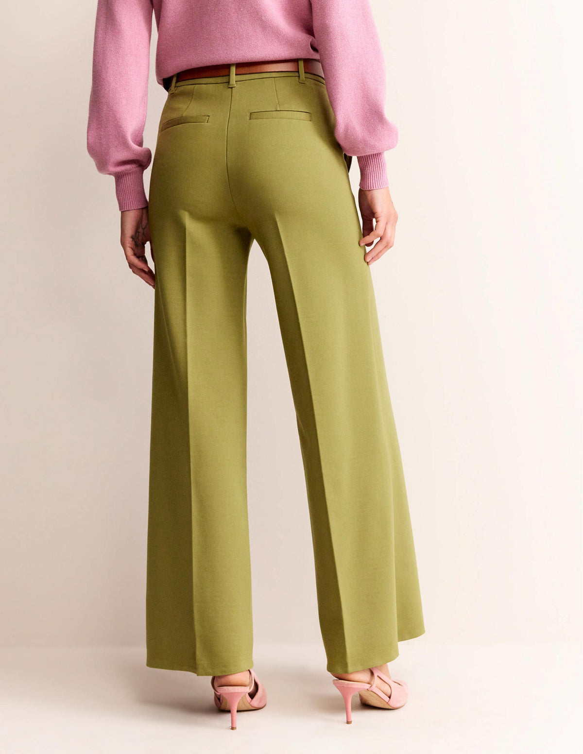 Wide Leg Ponte Trousers-Green Olive - Image 3