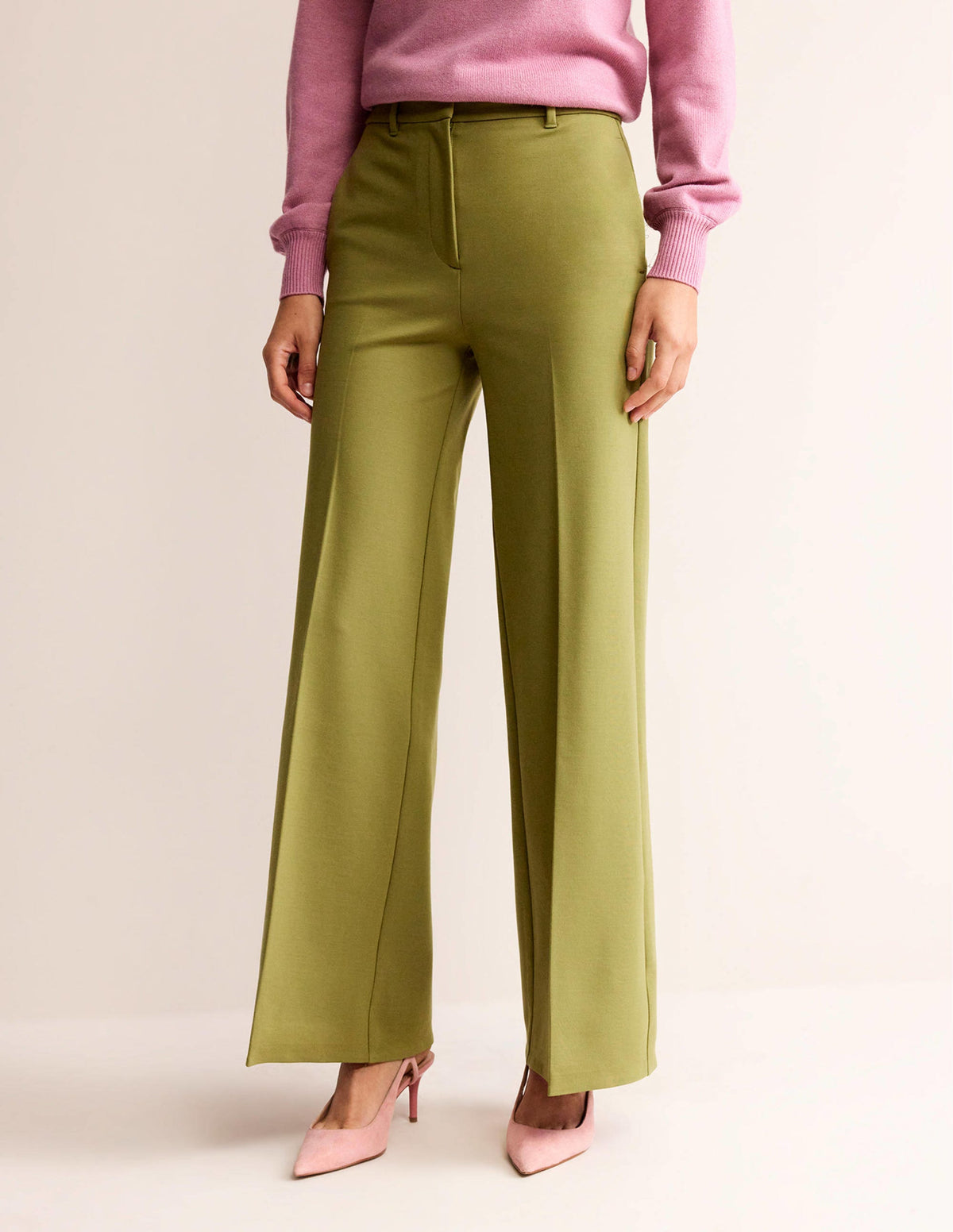 Wide Leg Ponte Trousers-Green Olive - Image 4