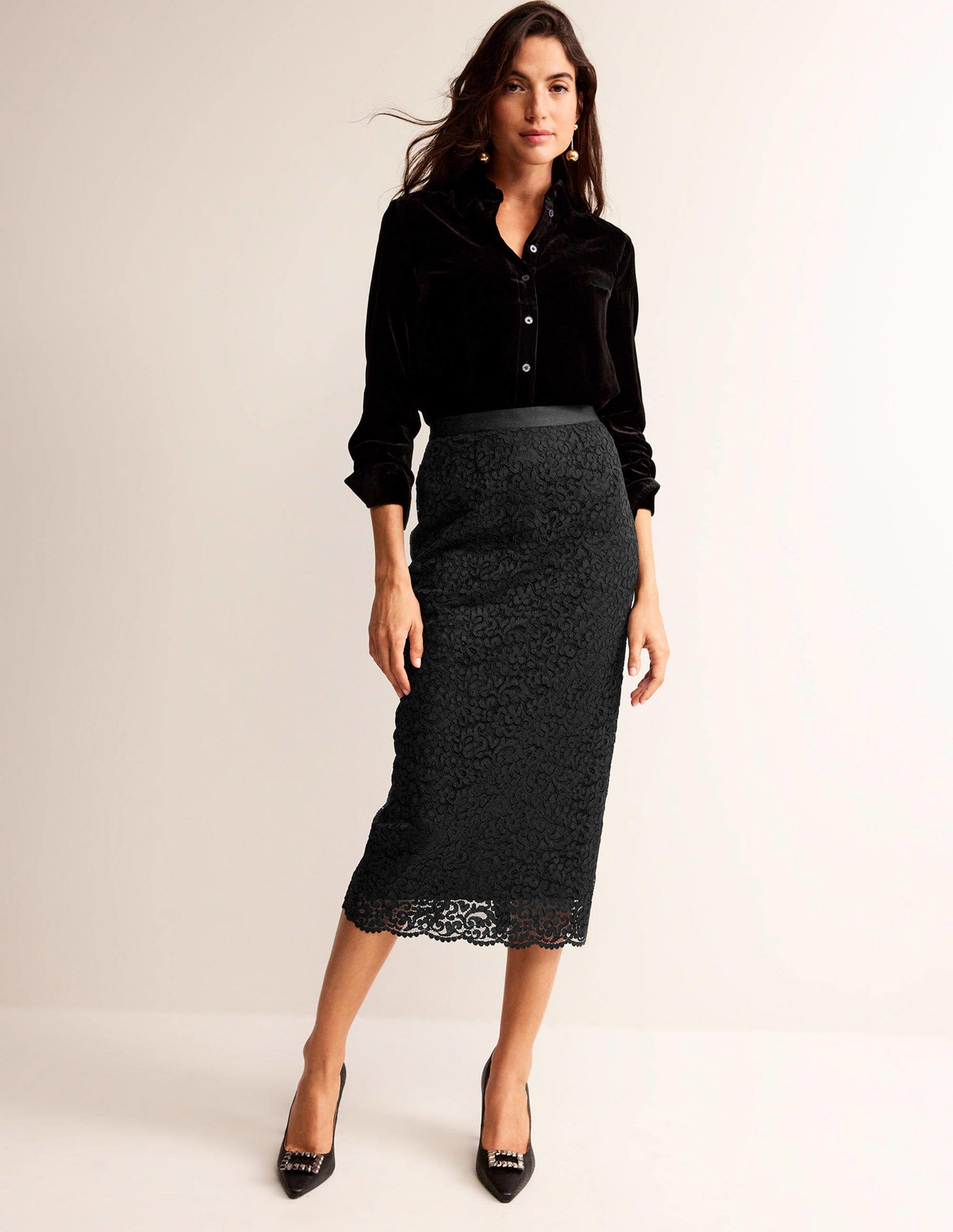 Lace Midi Skirt-Black-1