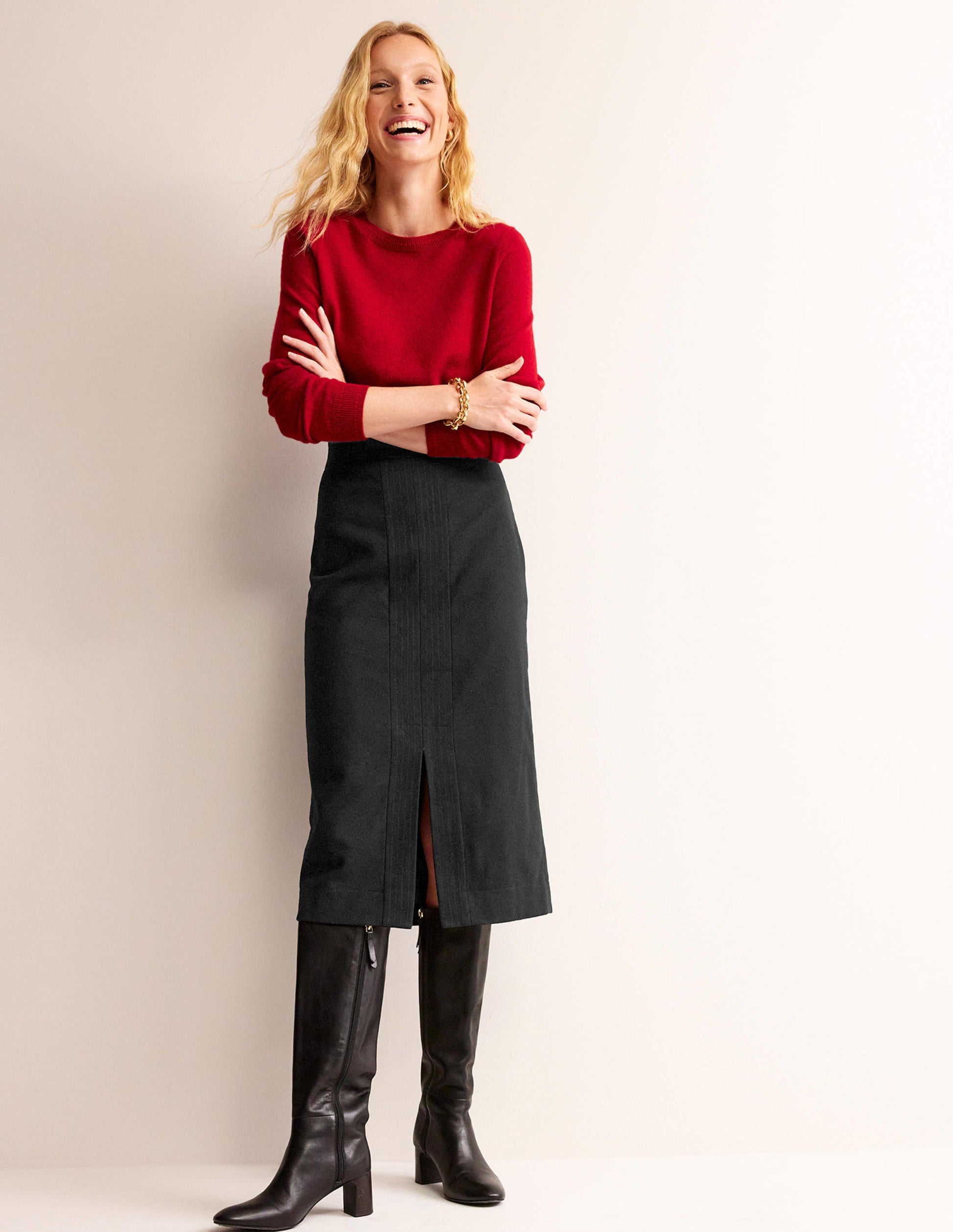 Wool Pencil Skirt-Black-1