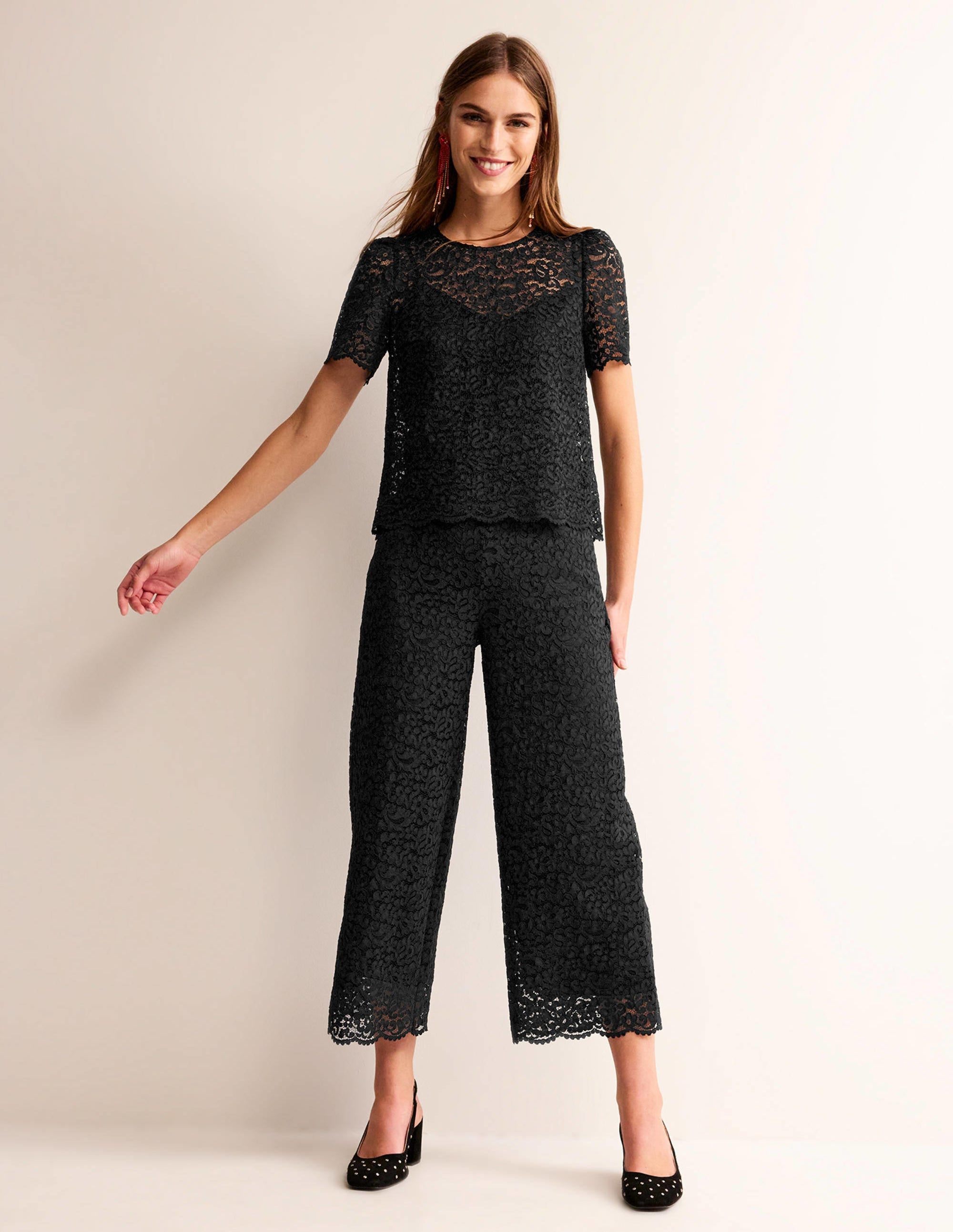 Cropped Wide-Leg Lace Trousers-Black - Image 1