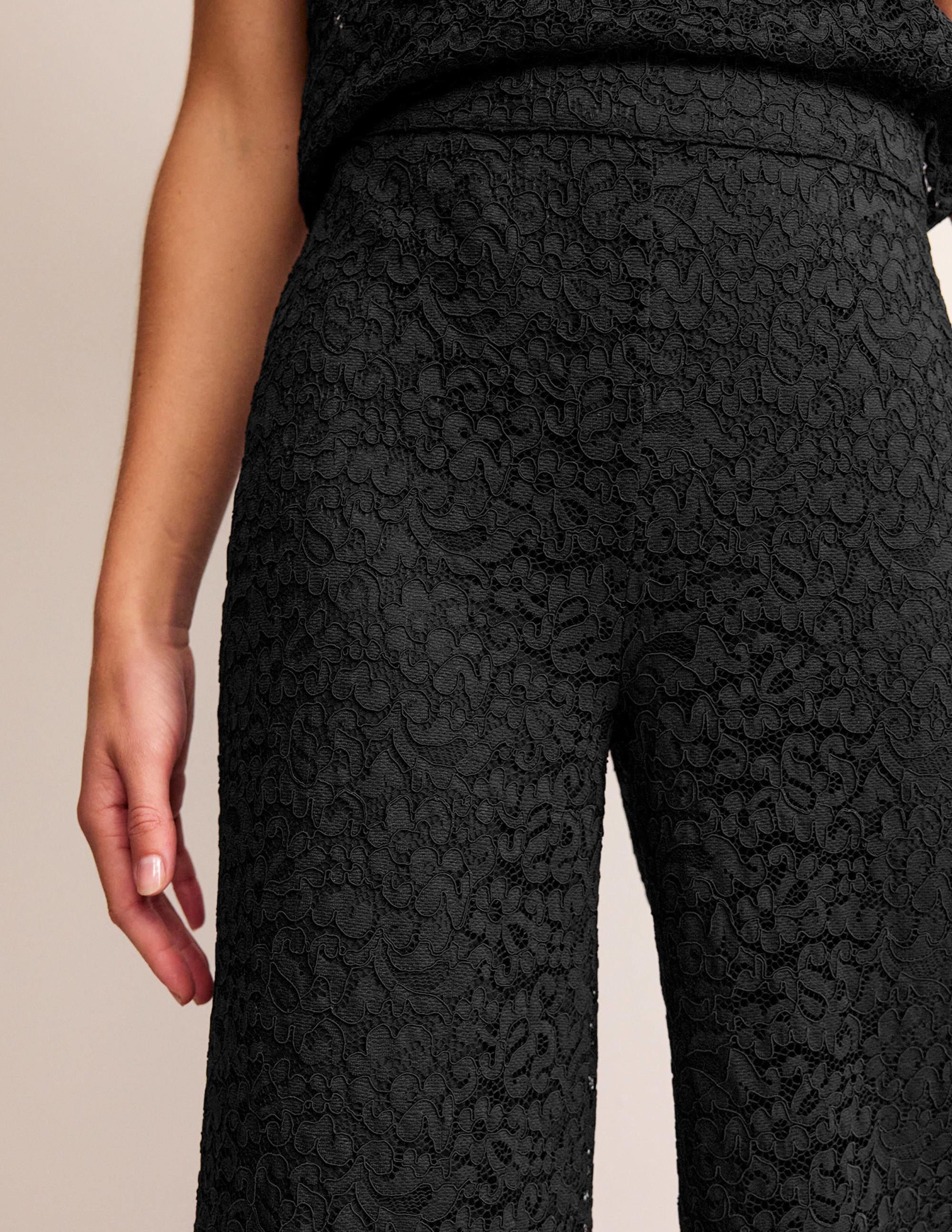 Cropped Wide-Leg Lace Trousers-Black - Image 2