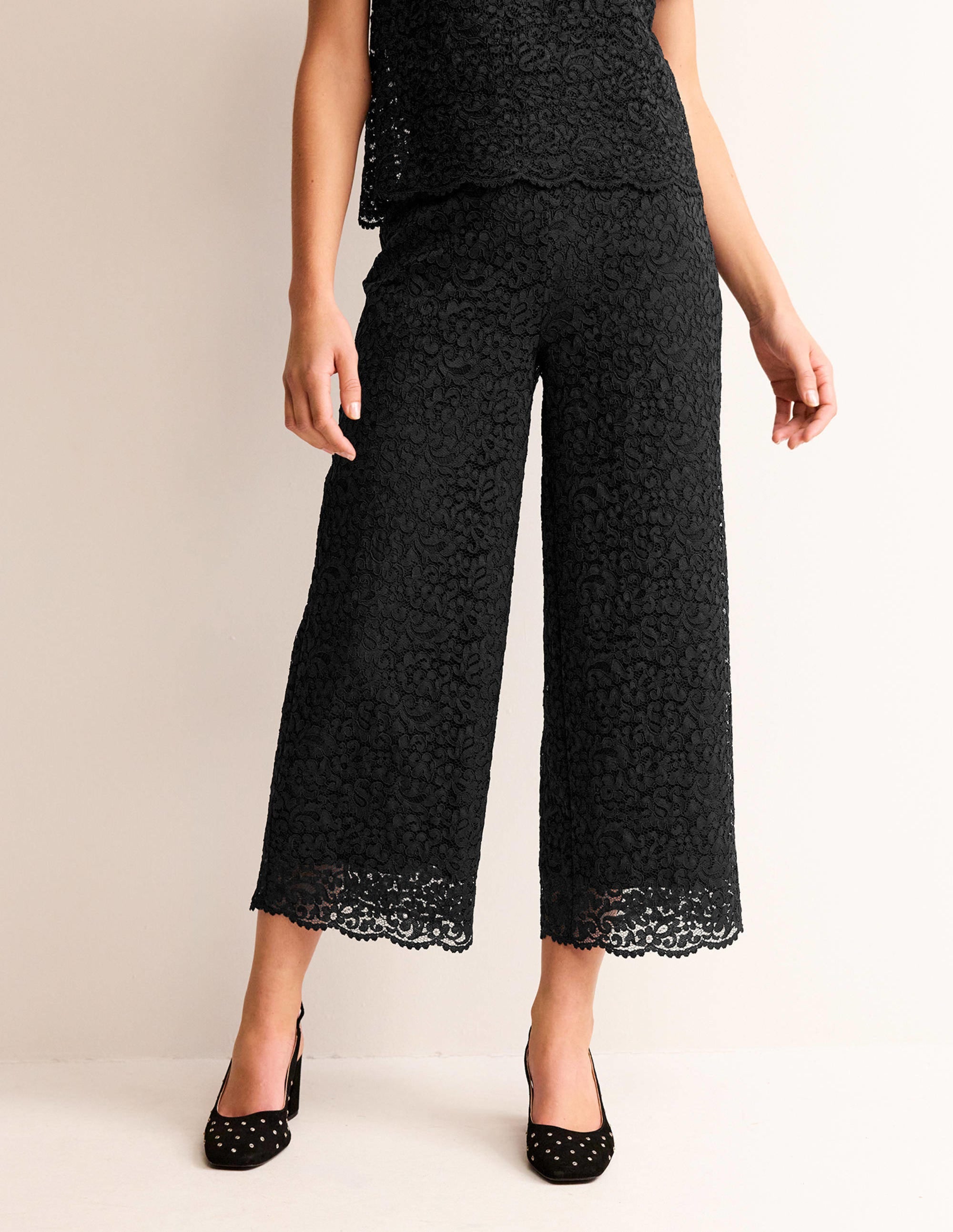 Cropped Wide-Leg Lace Trousers-Black - Image 3