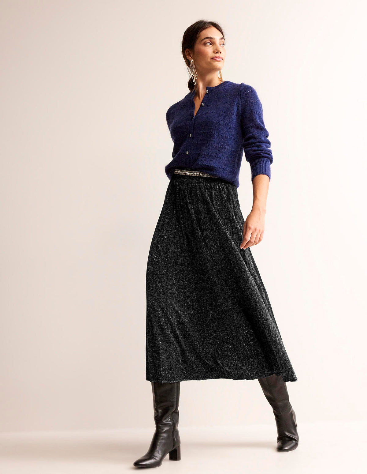 Jersey Metallic Pleated Skirt-Black Sparkle-1