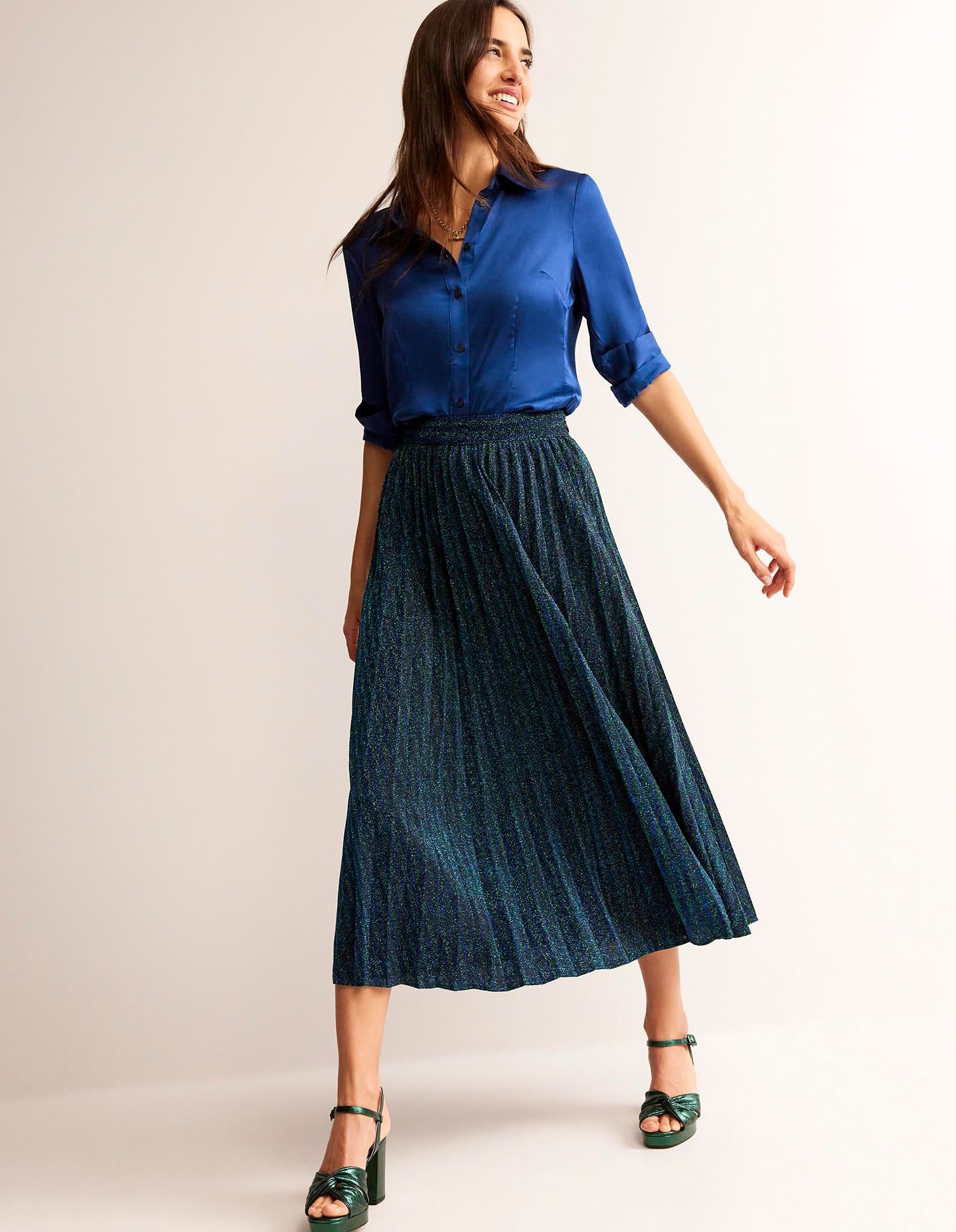 Jersey Metallic Pleated Skirt-Green / Navy Stripe - Image 1