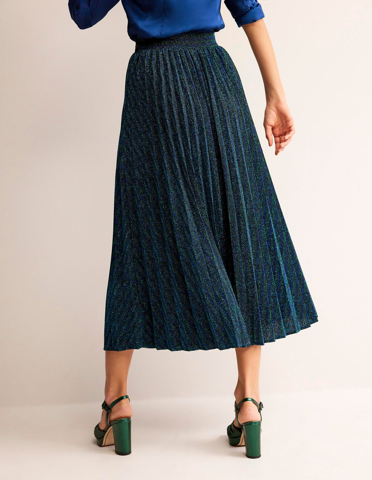 Jersey Metallic Pleated Skirt-Green / Navy Stripe - Image 3