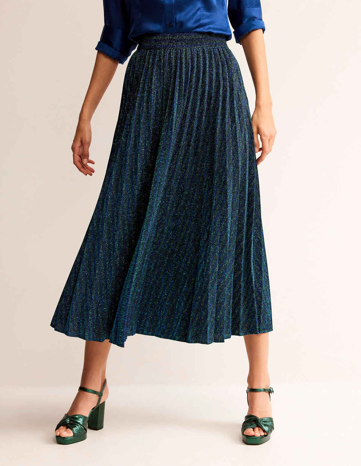 Jersey Metallic Pleated Skirt-Green / Navy Stripe-4