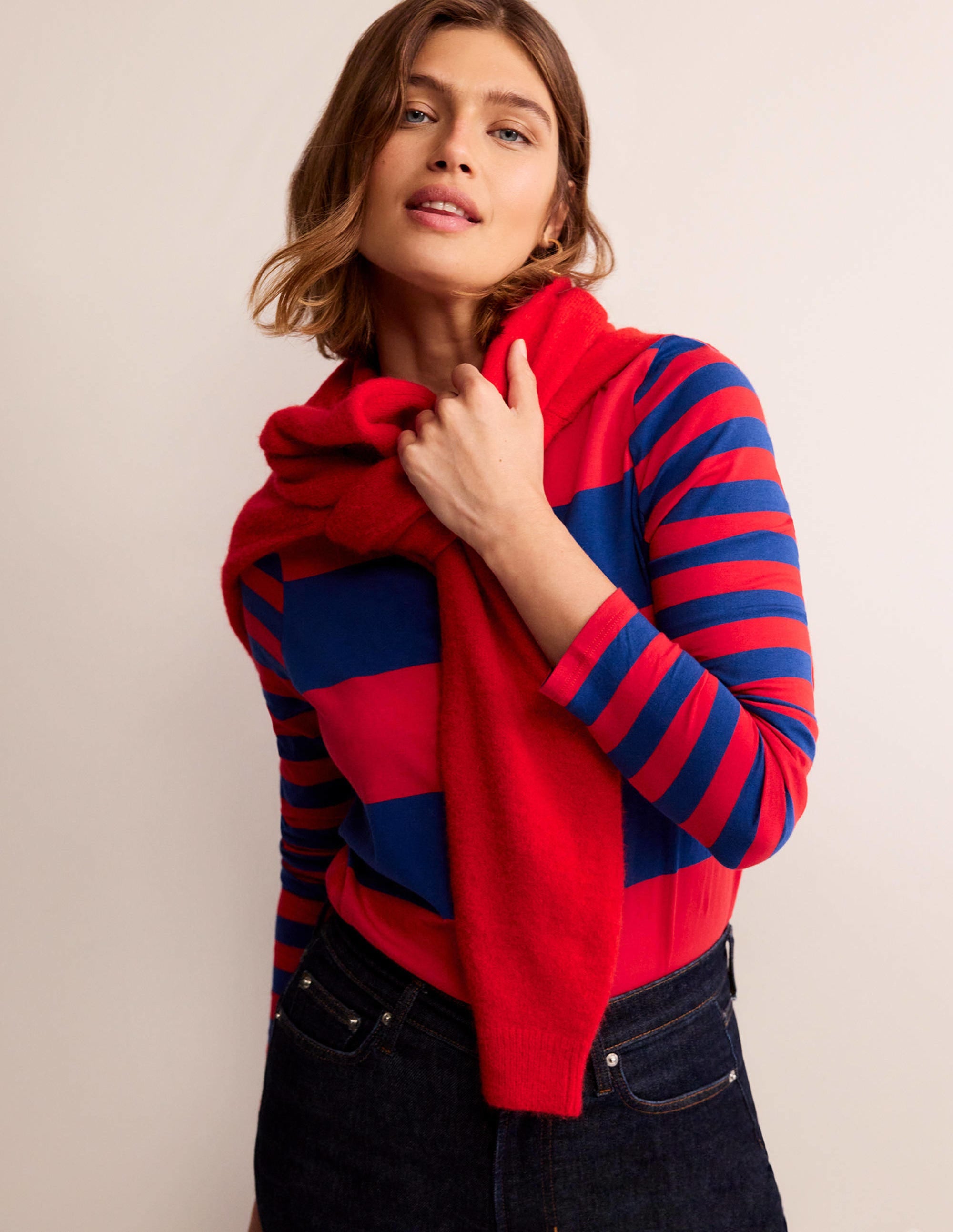 Bea Long Sleeve Breton-Dark Colbalt and Hot Pepper - Image 1