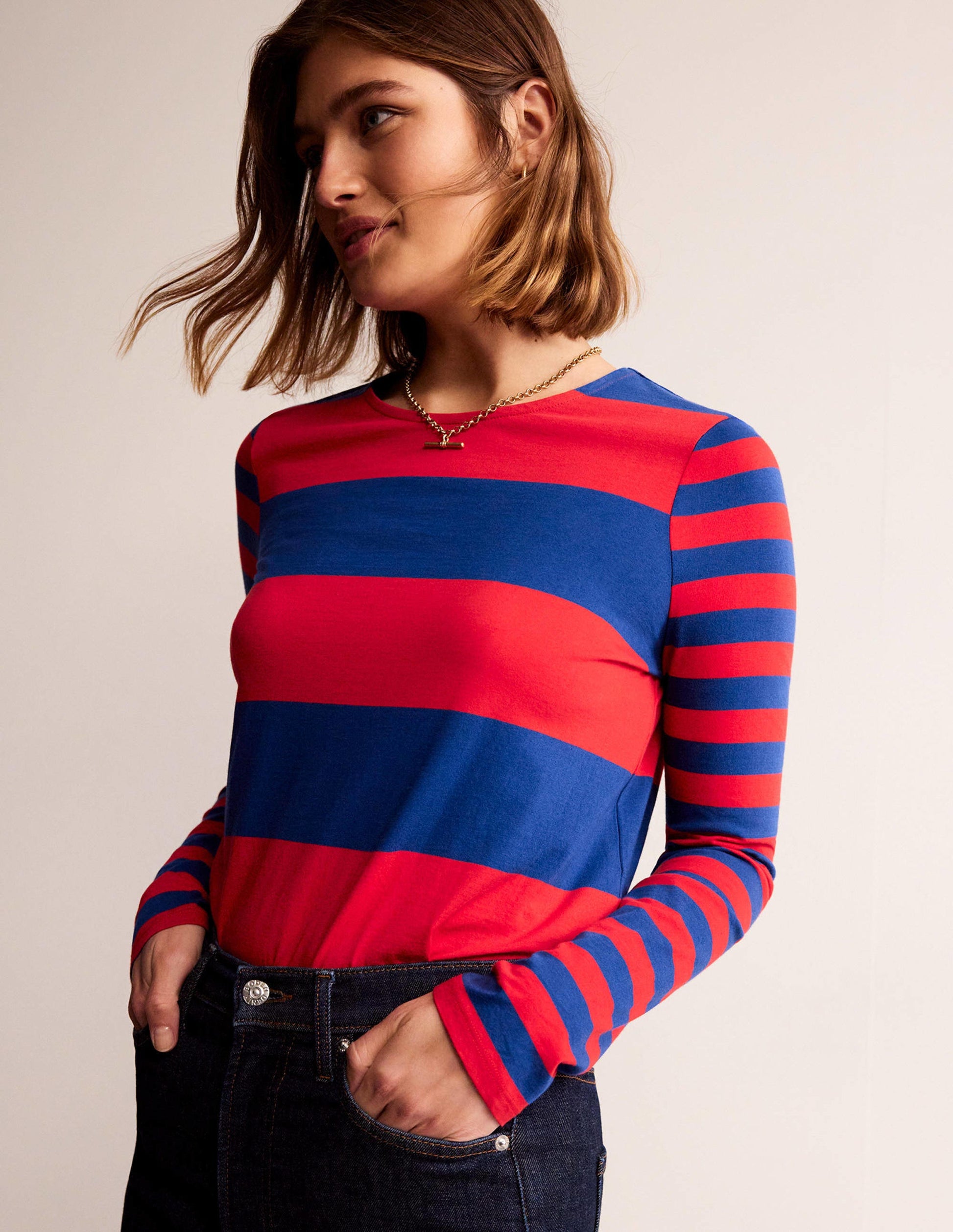Bea Long Sleeve Breton-Dark Colbalt and Hot Pepper-4