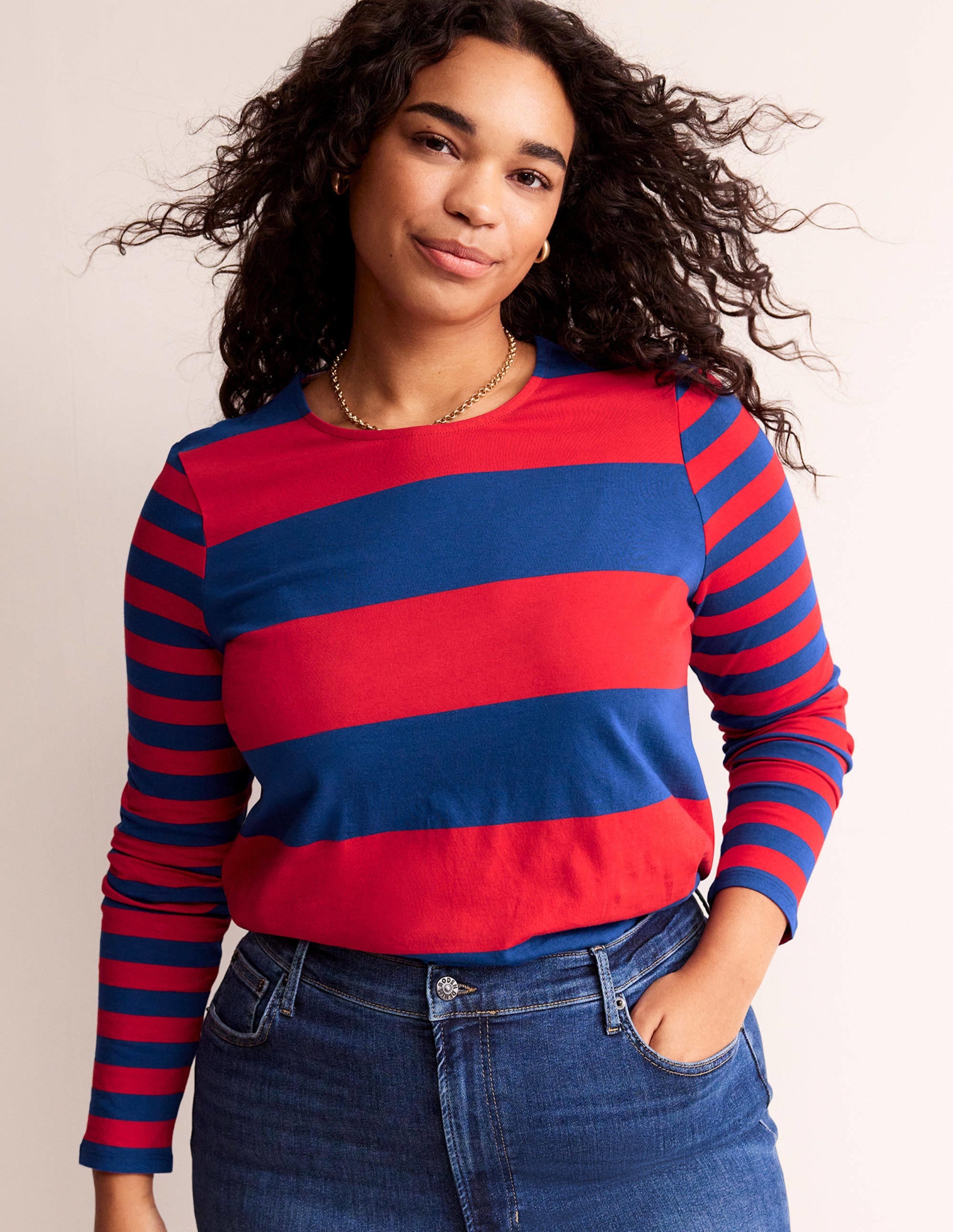 Bea Long Sleeve Breton-Dark Colbalt and Hot Pepper - Image 5