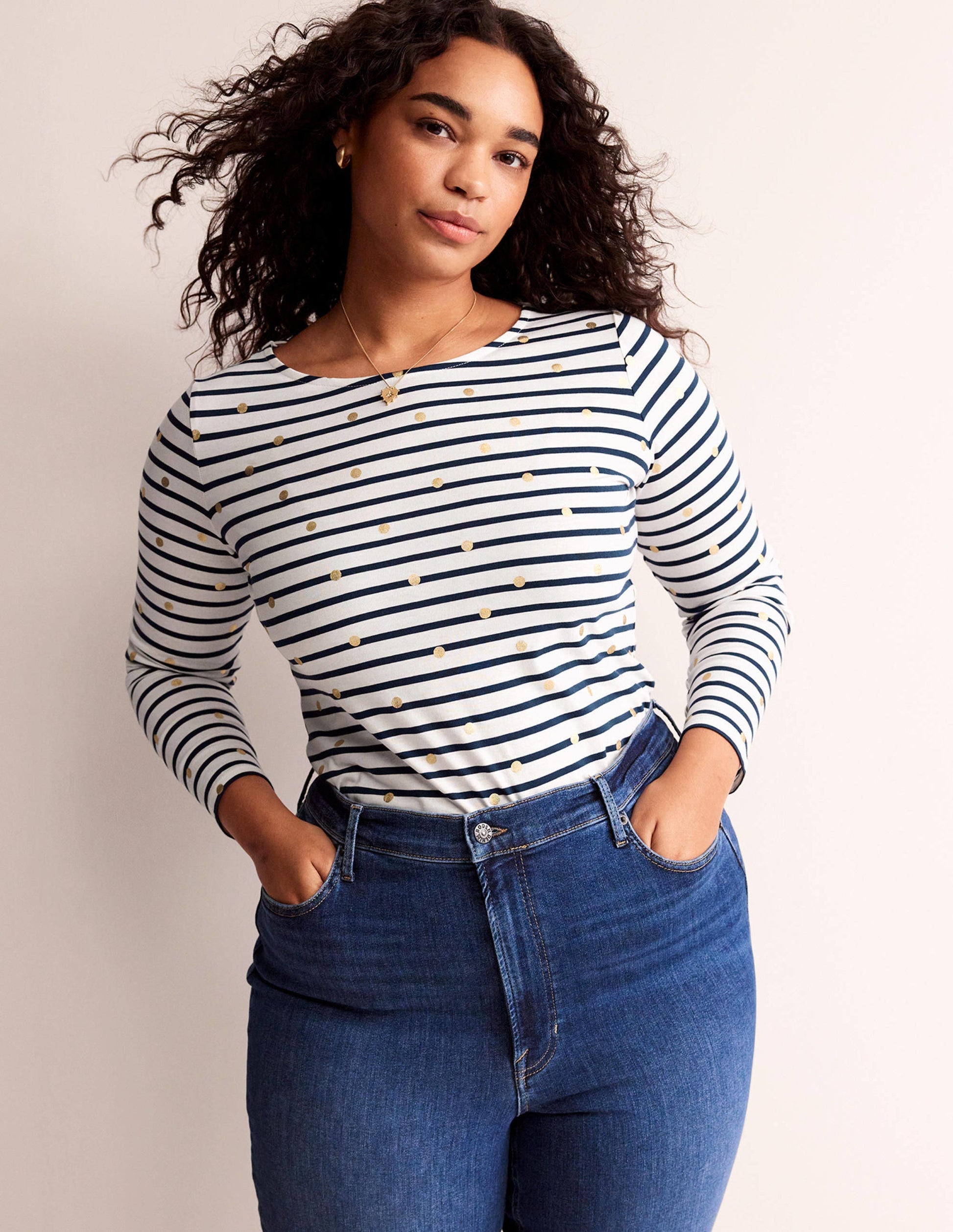 Ella Long Sleeve Breton-Ivory, Navy Foil Dot-5