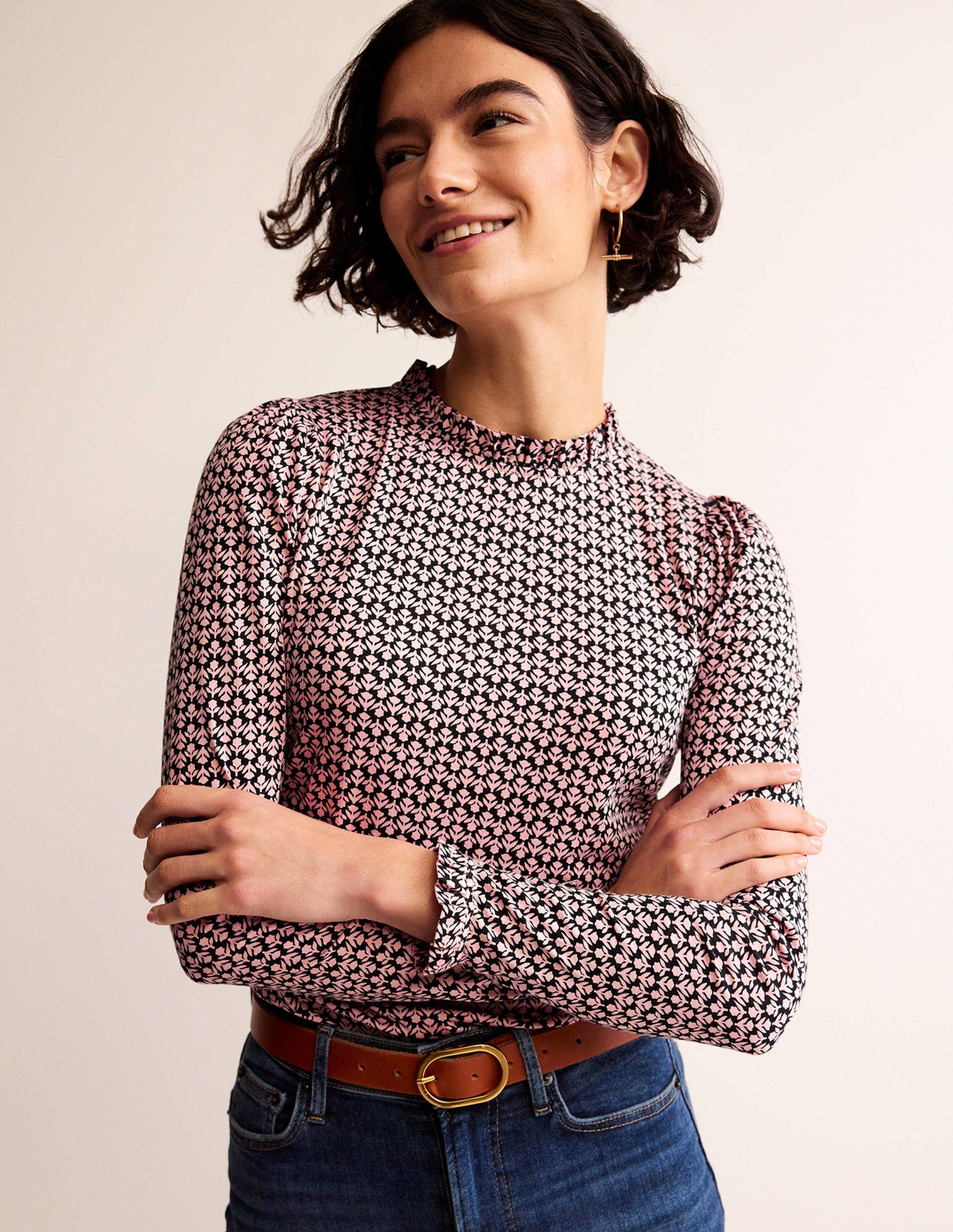 Supersoft Frill Detail Top-Black and Milkshake, Tulip Pop-4