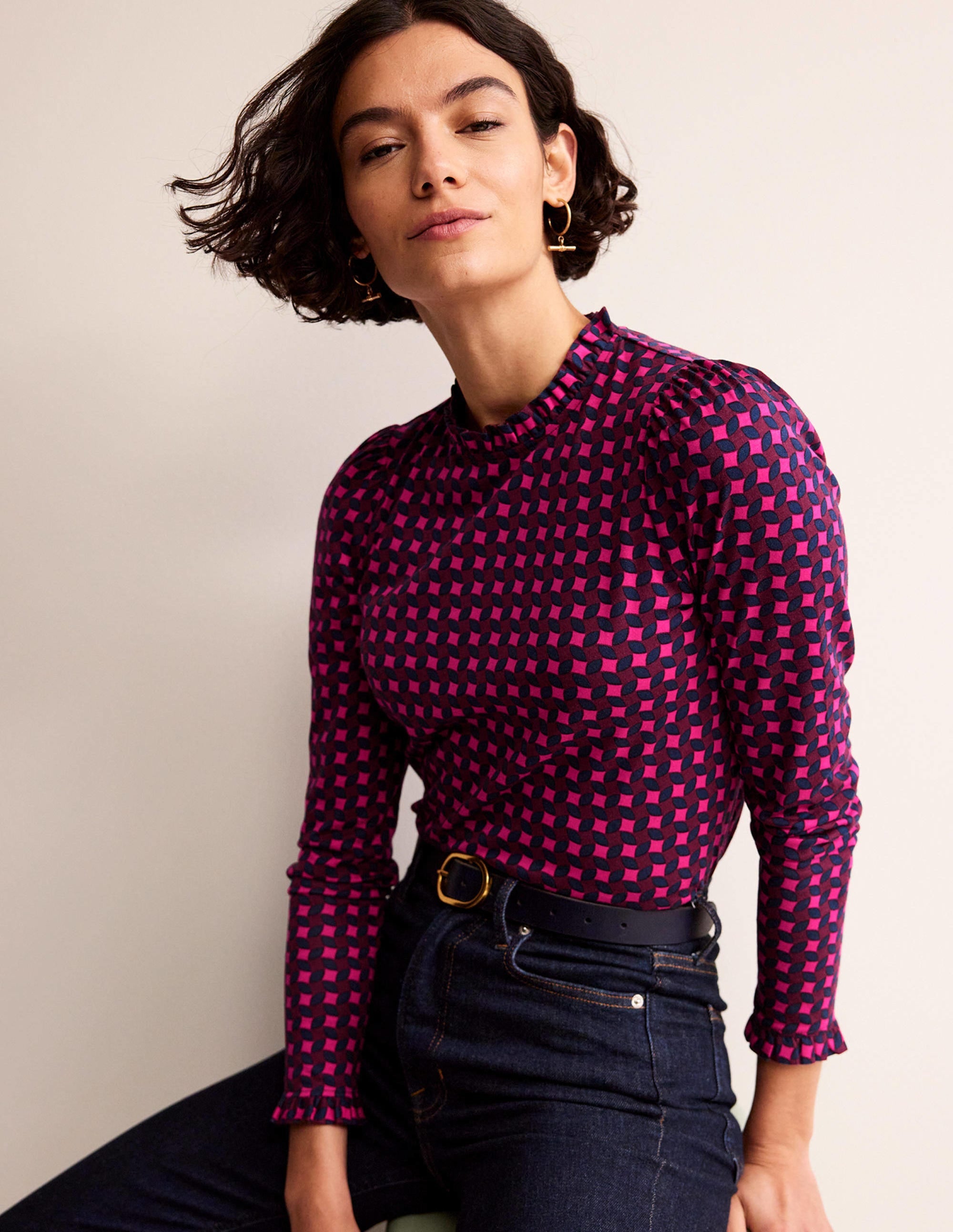 Supersoft Frill Detail Top-Vibrant Pink, Abstract Diamond - Image 1