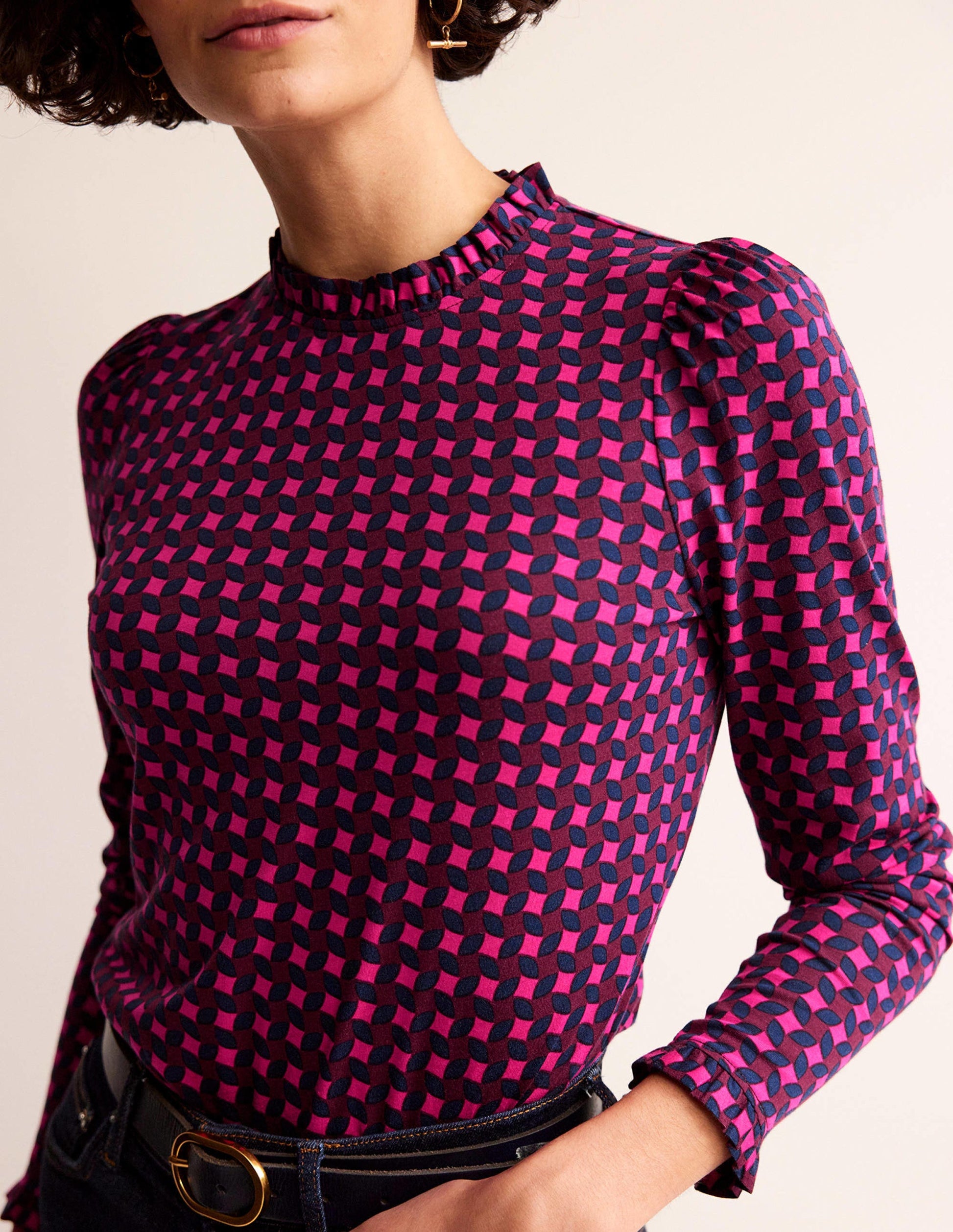 Supersoft Frill Detail Top-Vibrant Pink, Abstract Diamond-2