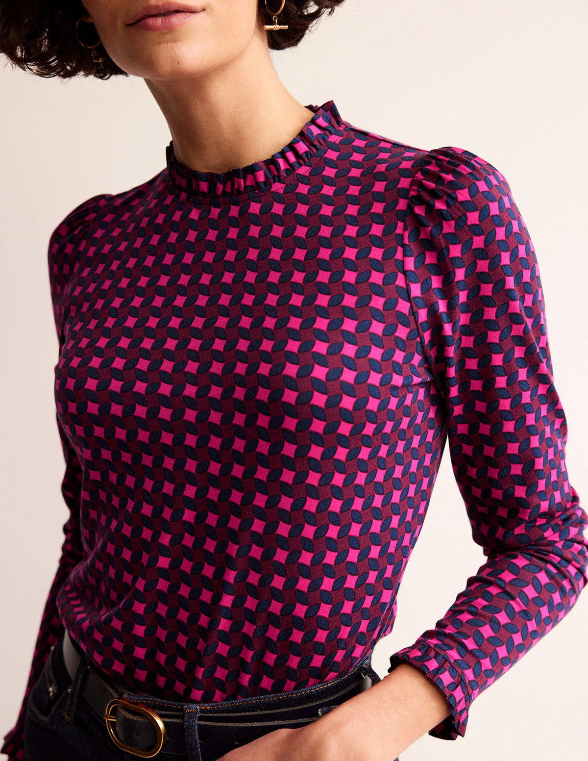 Supersoft Frill Detail Top-Vibrant Pink, Abstract Diamond - Image 2