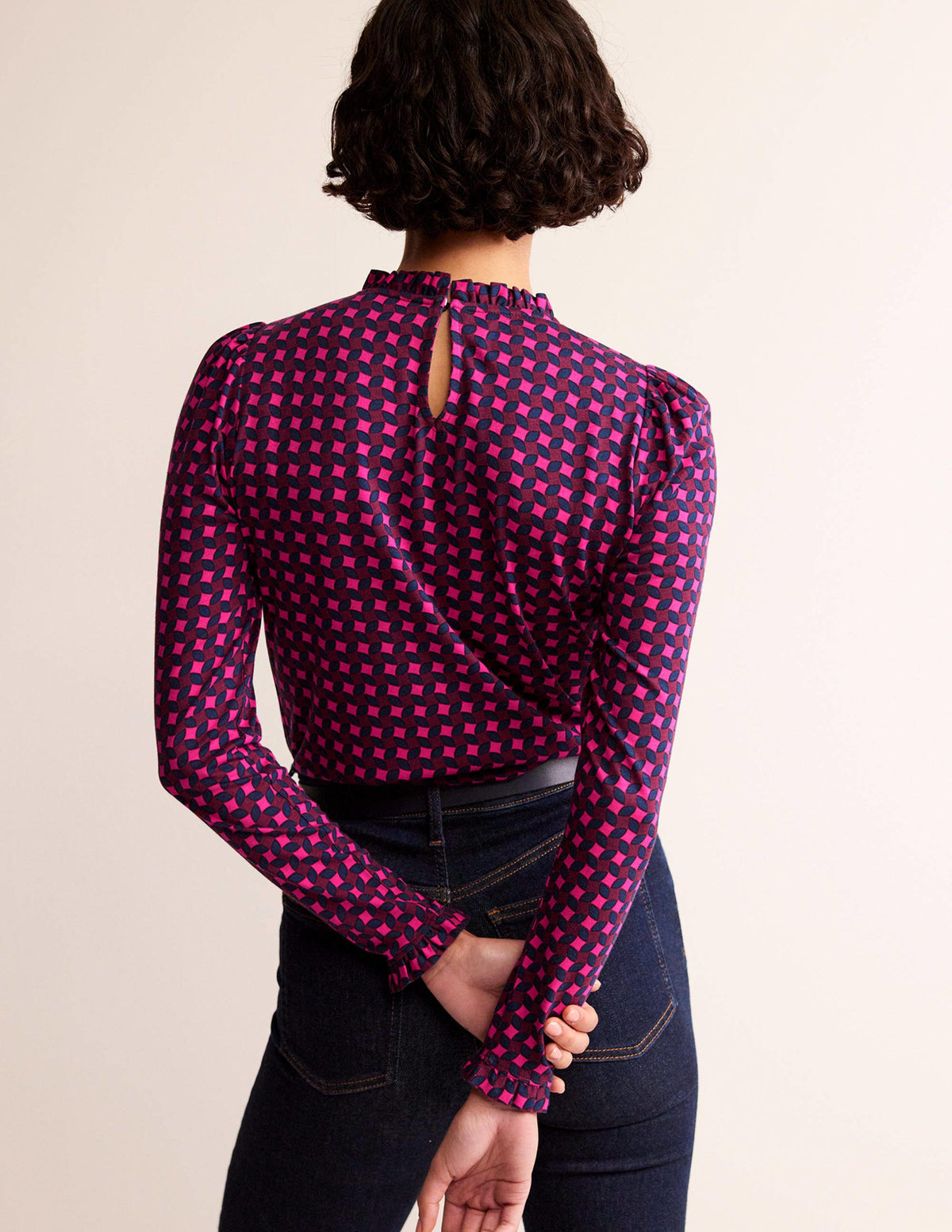Supersoft Frill Detail Top-Vibrant Pink, Abstract Diamond-3