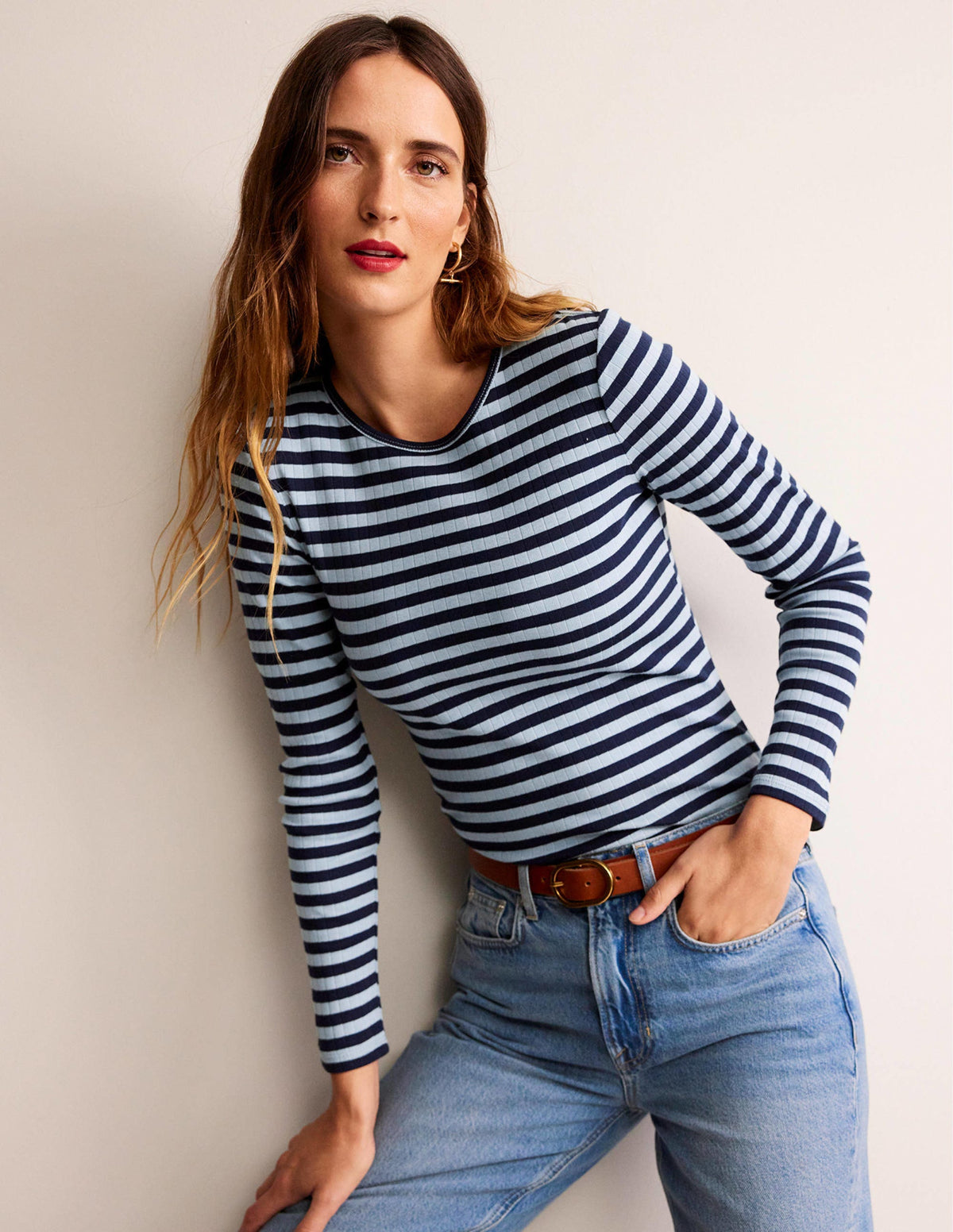 Anna Rib Crew T-Shirt-Heron Blue, French Navy - Image 1