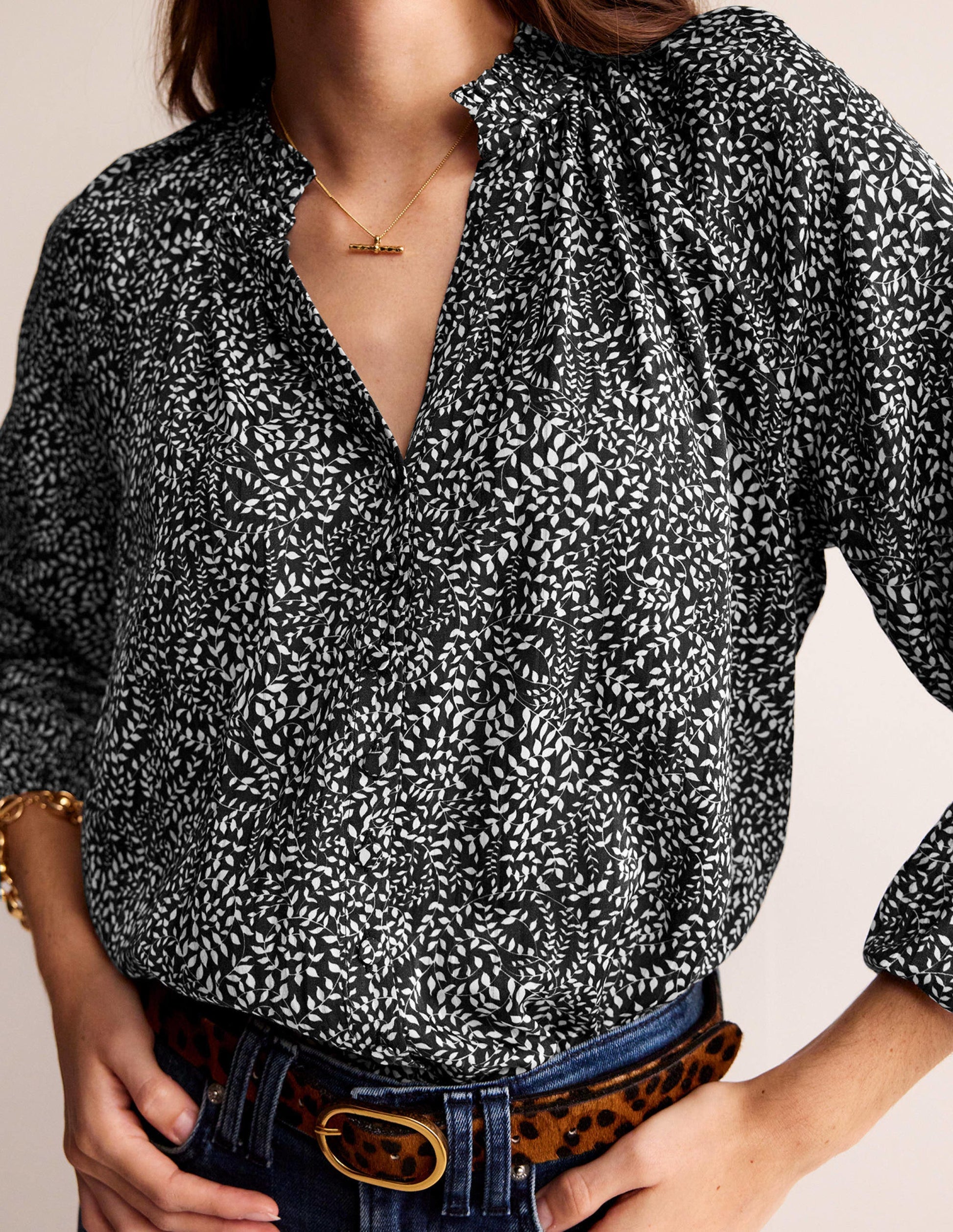 High-Neck Printed Top-Black, Pome Sprig-2