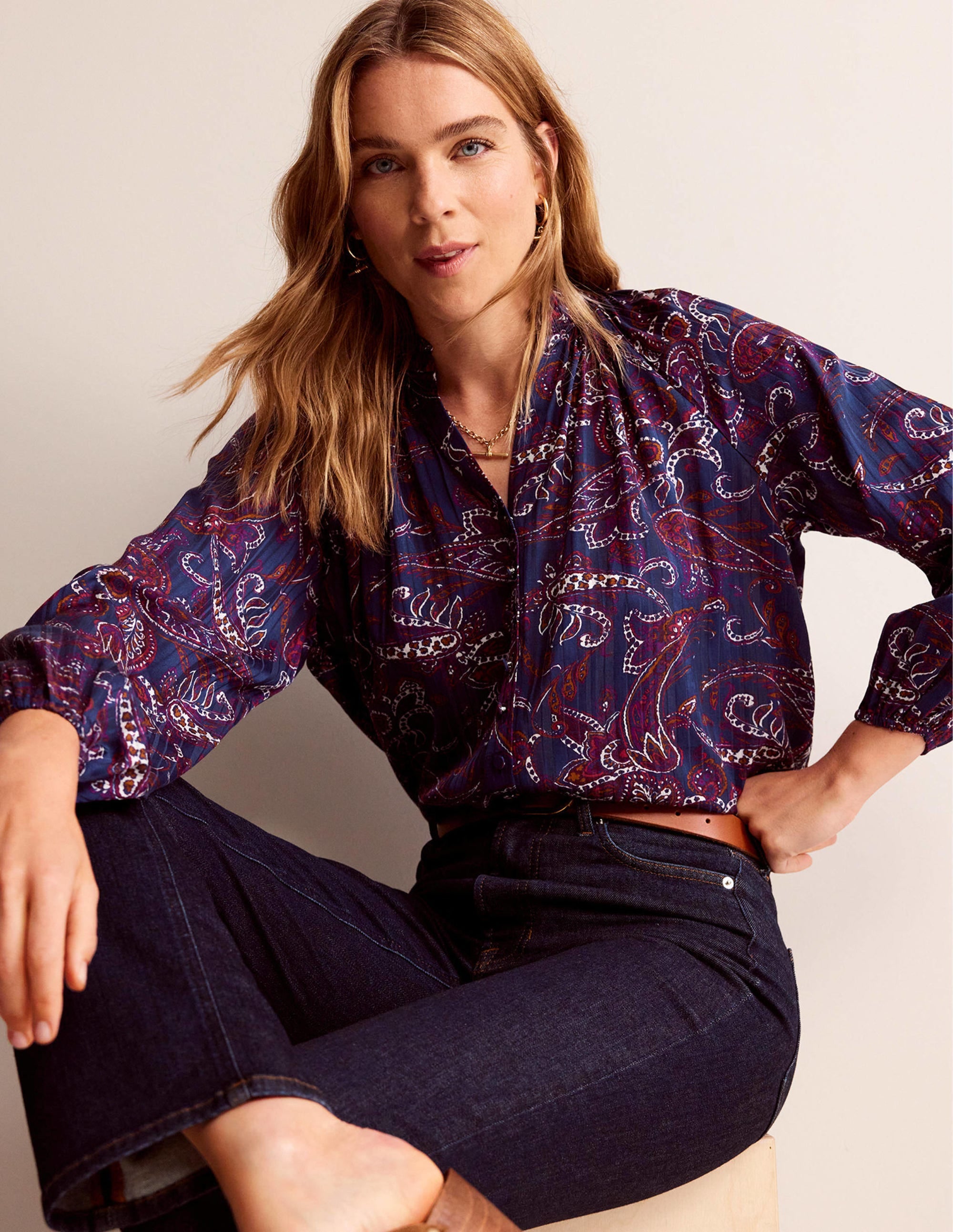 High-Neck Printed Top-Purple Pansy, Paisley Lawn - Image 1