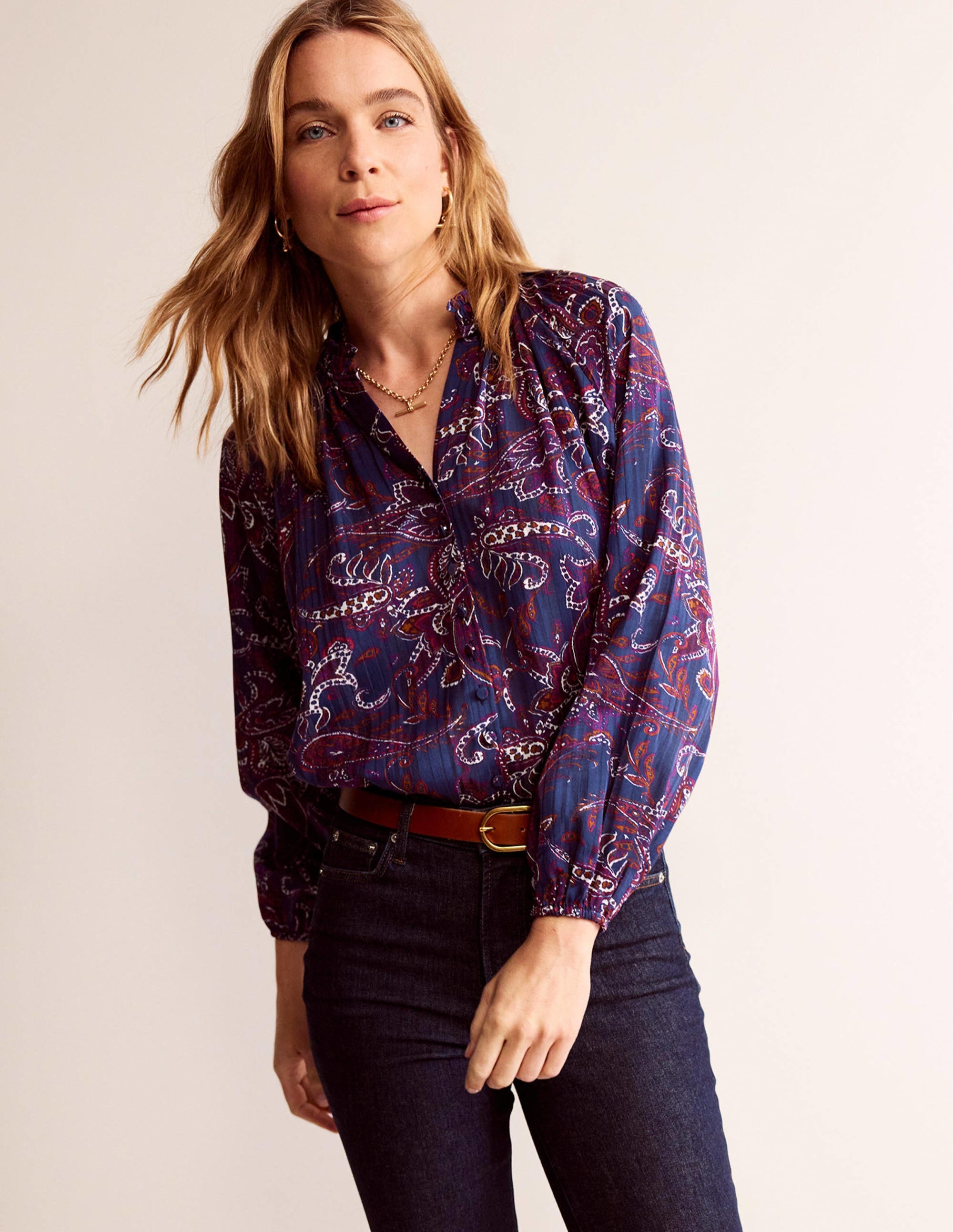 High-Neck Printed Top-Purple Pansy, Paisley Lawn - Image 4