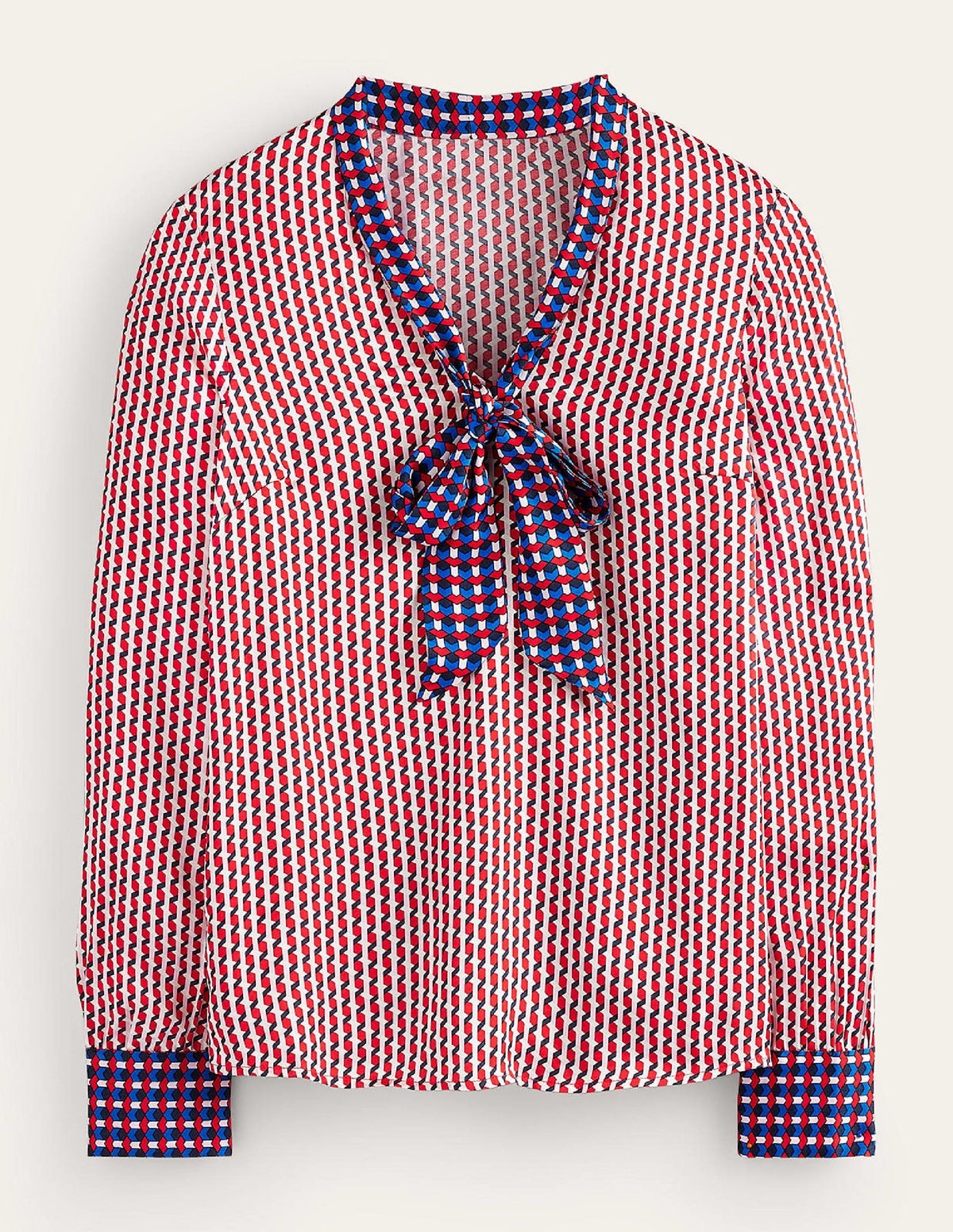 Pussy-Bow Satin Blouse-Hot Pepper, Geo Daze - Image 7