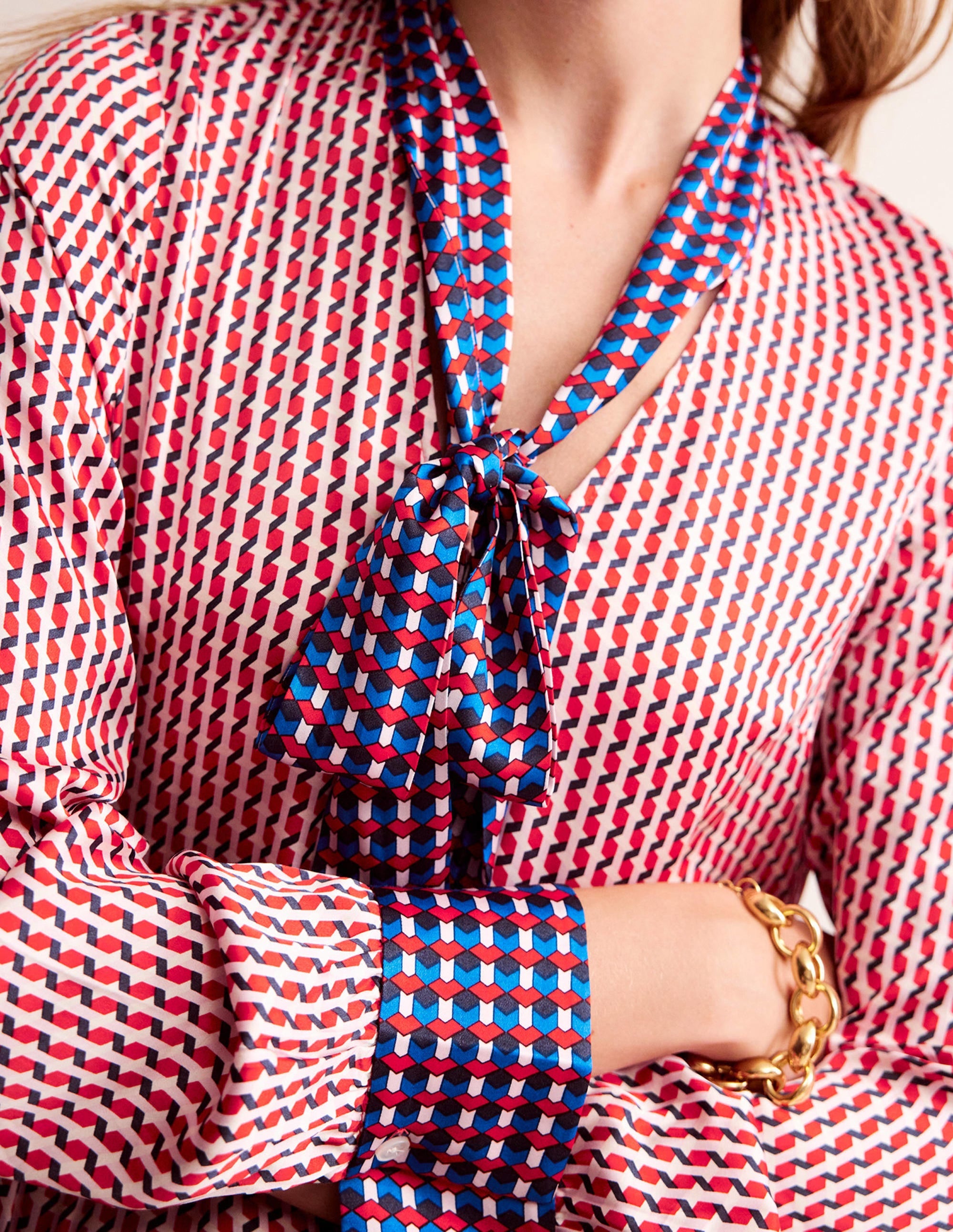 Pussy-Bow Satin Blouse-Hot Pepper, Geo Daze - Image 2