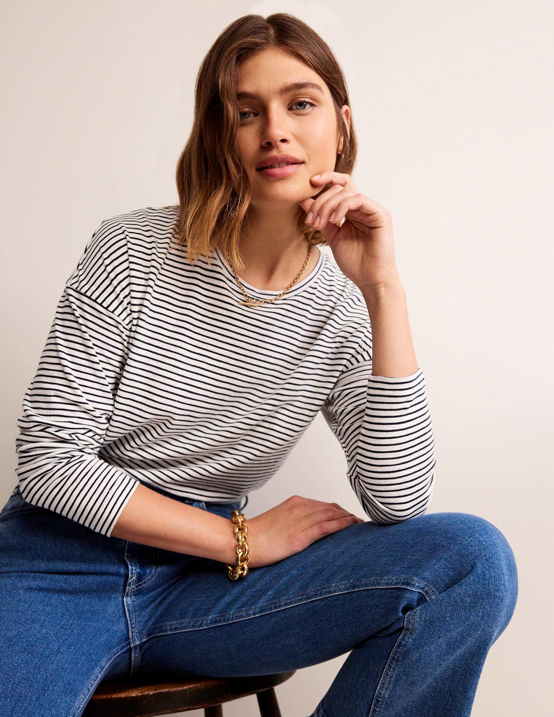 Cotton Dropped Shoulder Top-Ivory, Navy-1