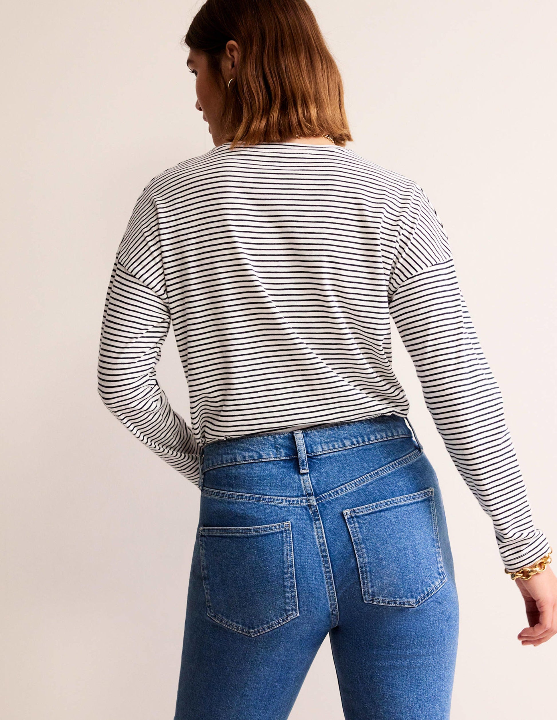 Cotton Dropped Shoulder Top-Ivory, Navy-3