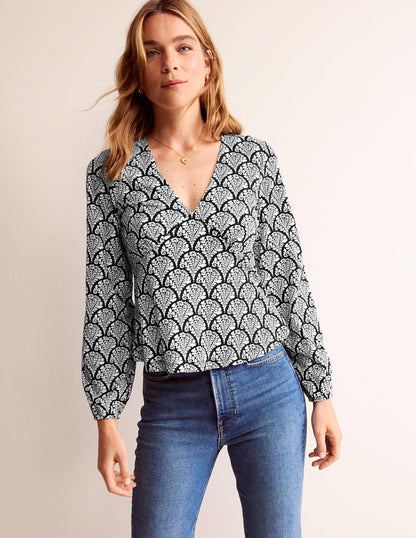 V-Neck Peplum Top-Black, Blossomy-1