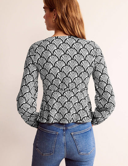 V-Neck Peplum Top-Black, Blossomy-3