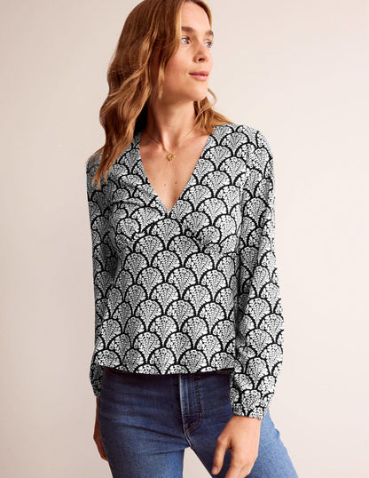 V-Neck Peplum Top-Black, Blossomy-4