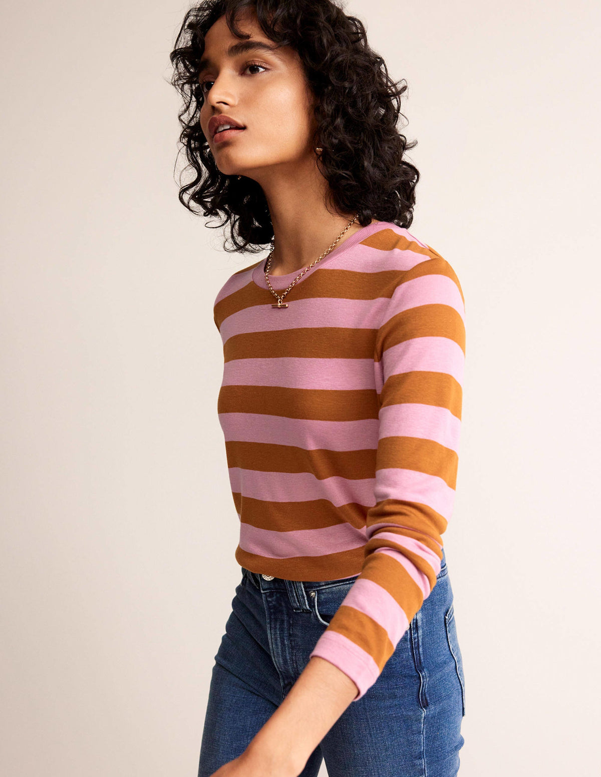 Tamsin Long Sleeve Top-Pink, Camel - Image 1