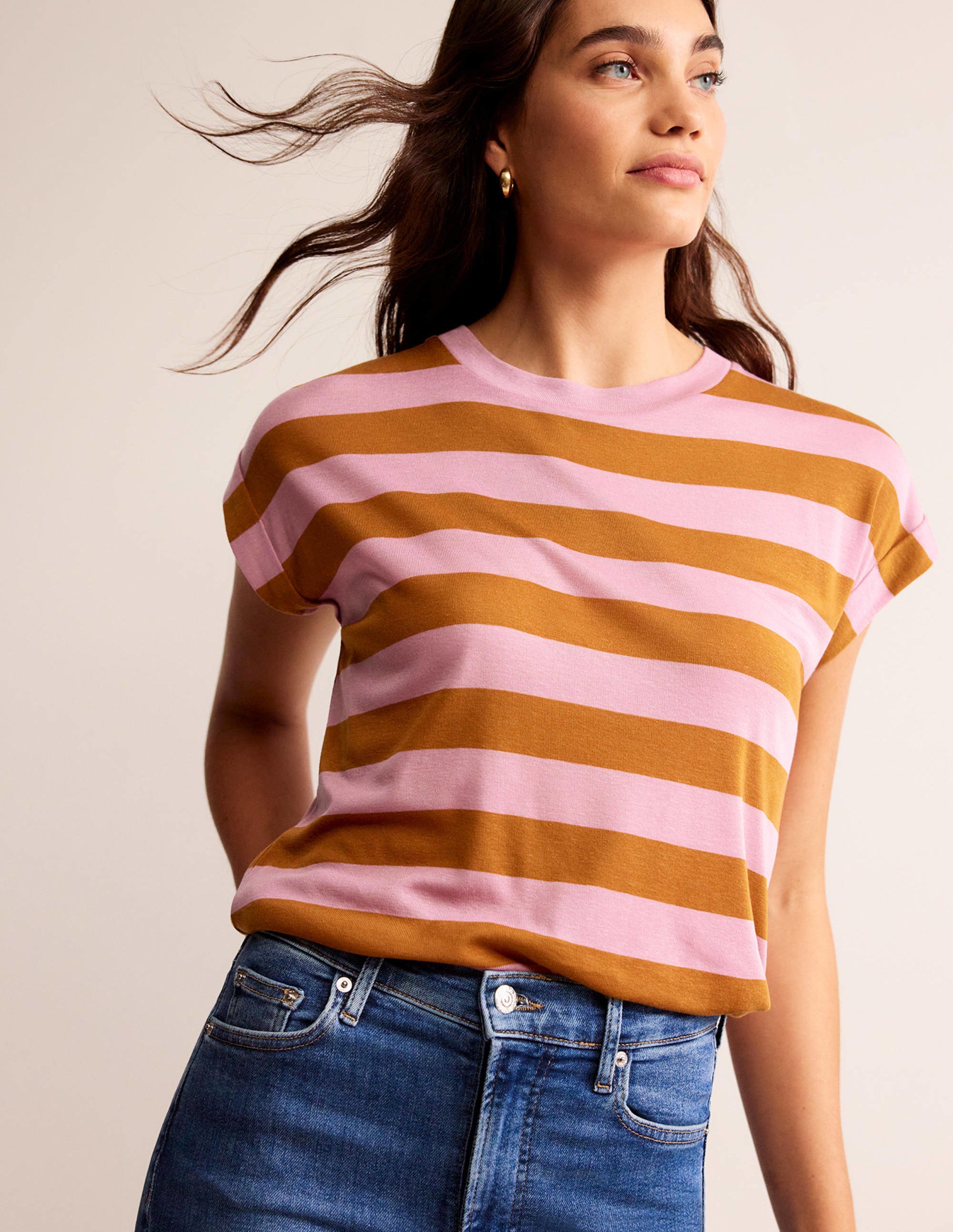 Tamsin Short Sleeve Top-Pink, Camel - Image 1