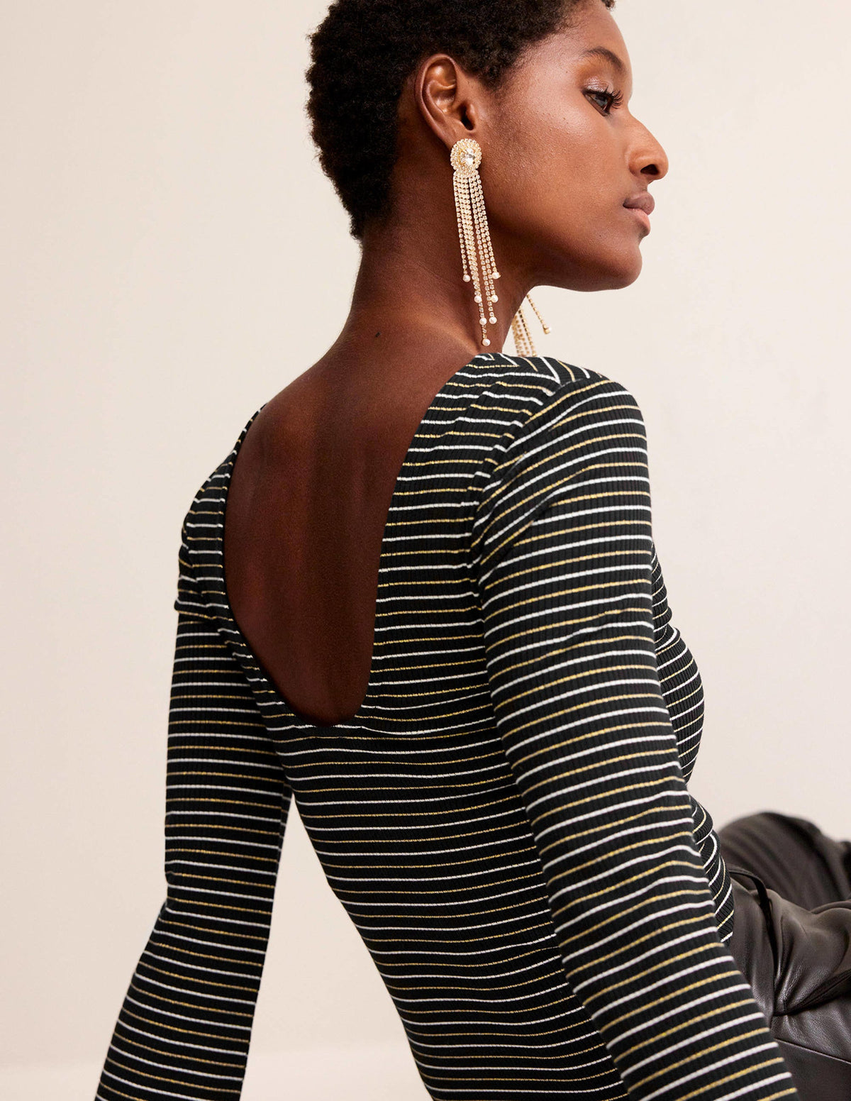 Fluted Sleeve Jersey Top-Black Stripe - Image 2