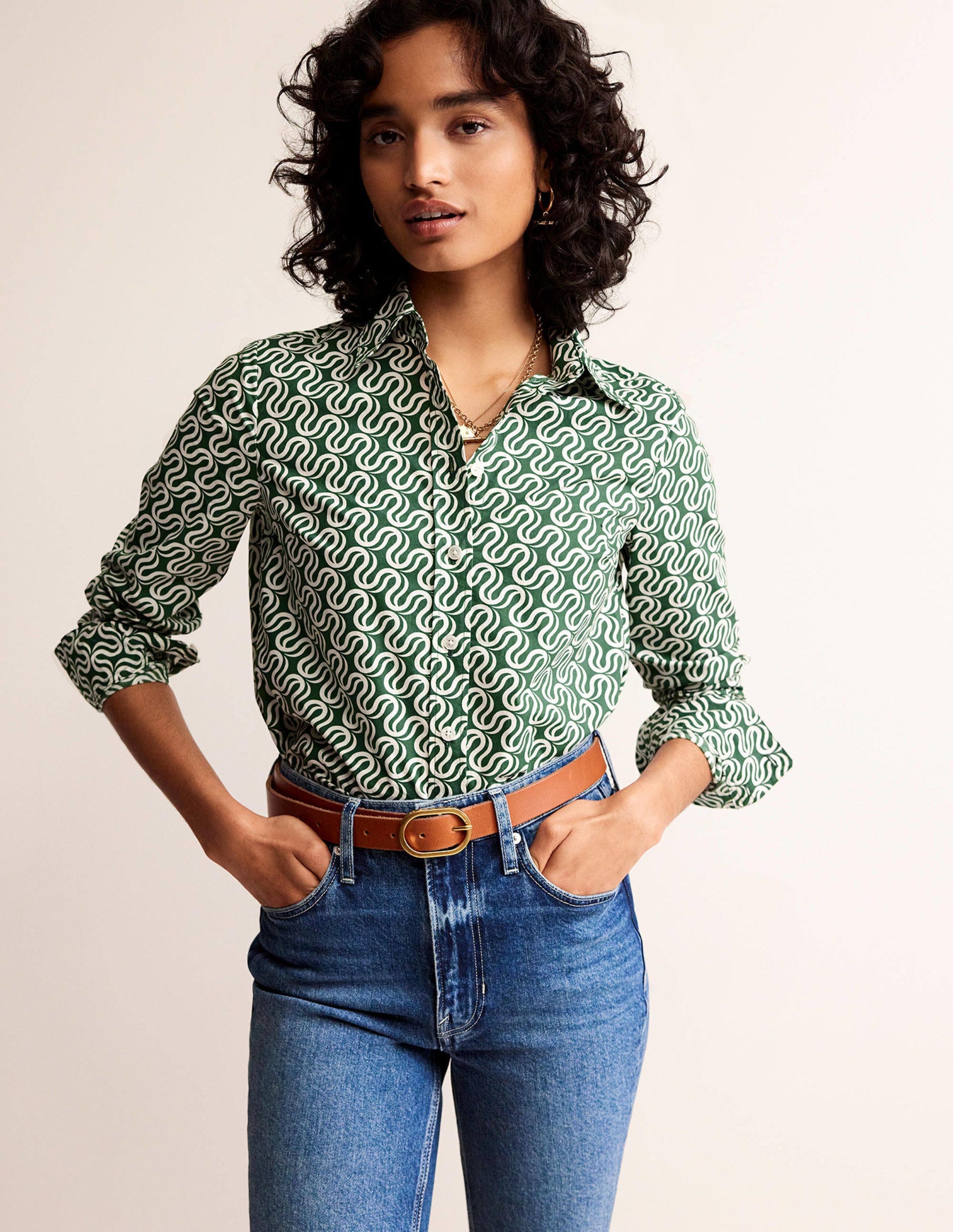 Sienna Cotton Shirt-Amazon Green, Ribbon Wave-1