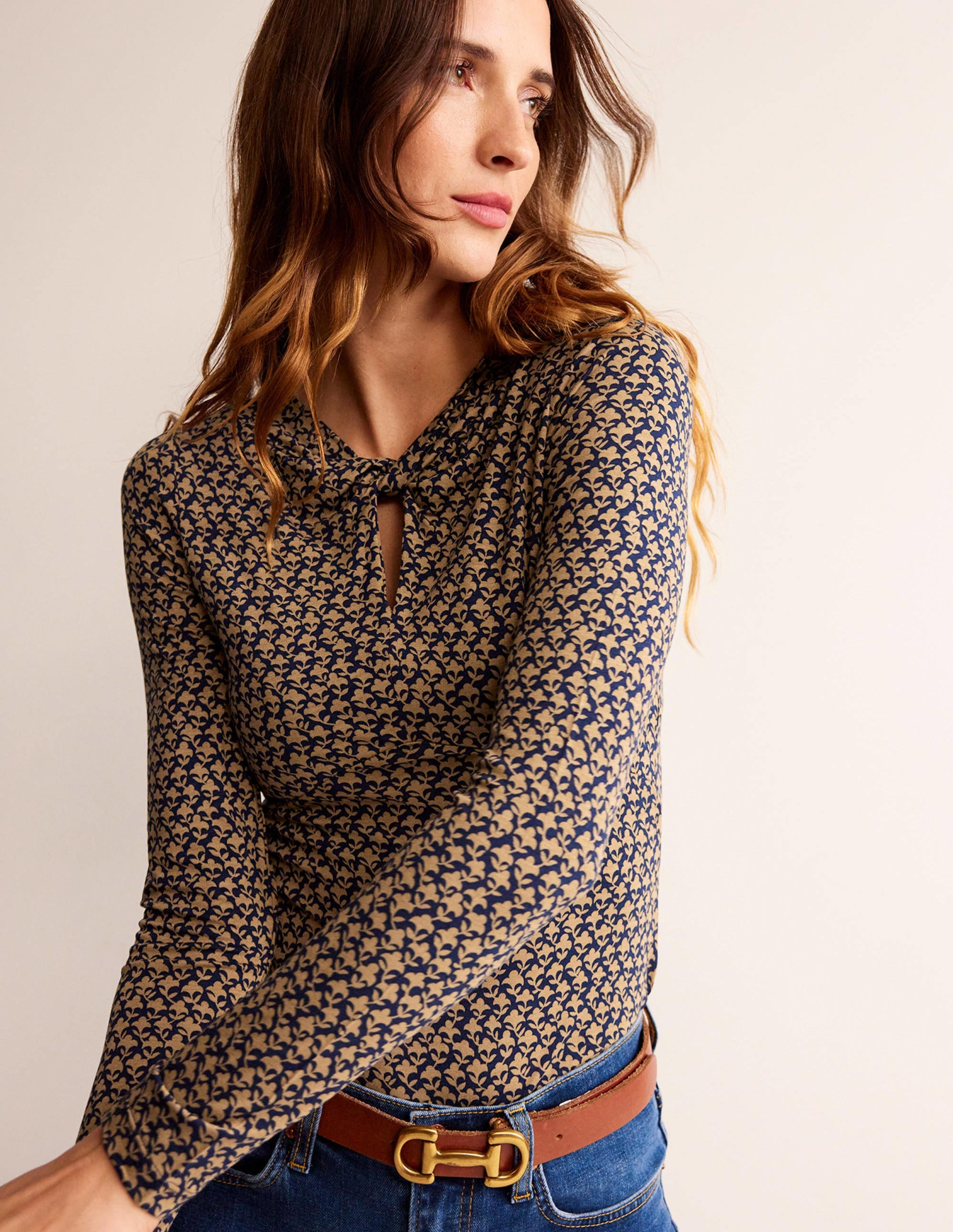 Knot Front Jersey Top-Camel, Lily Sprig - Image 1