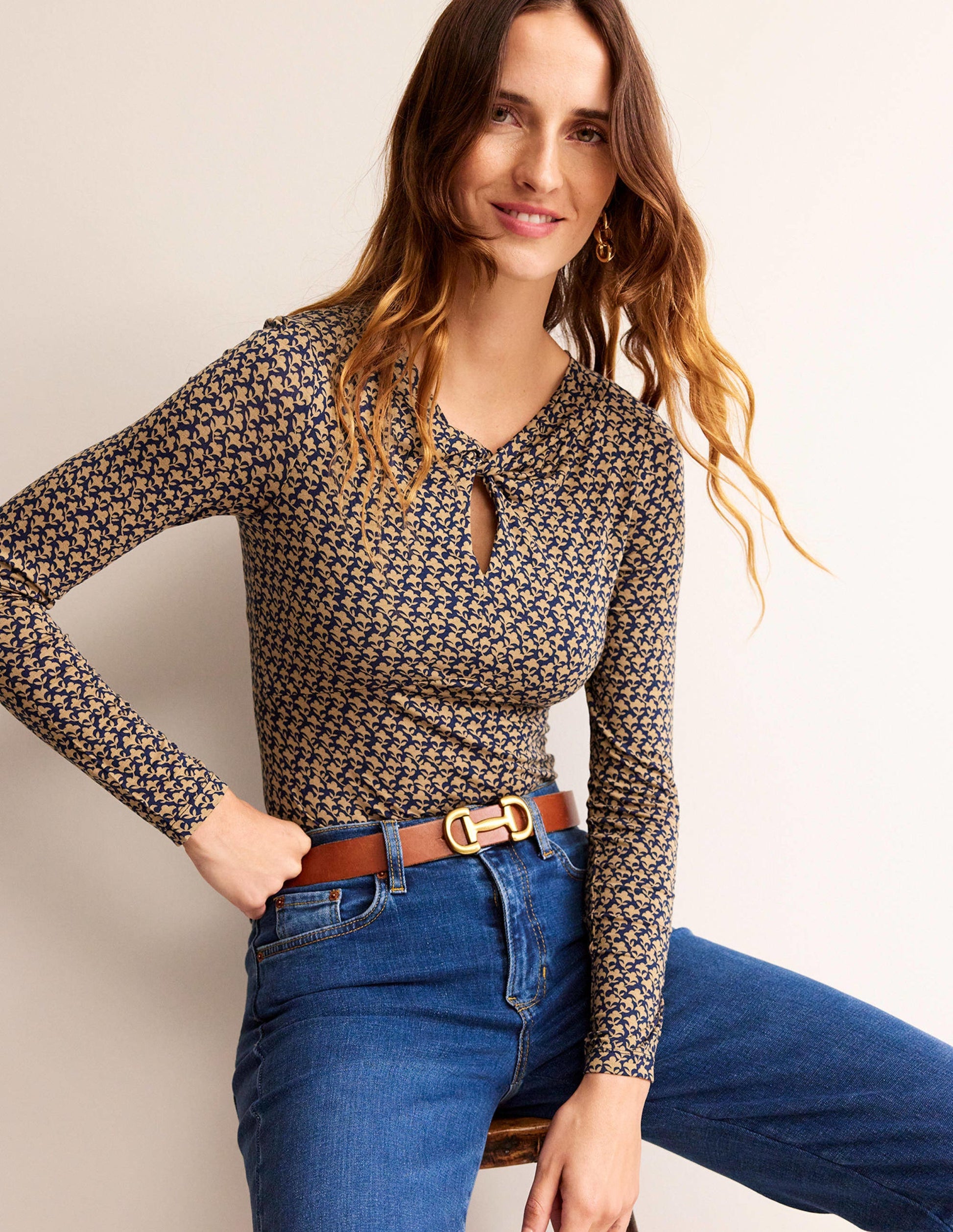 Knot Front Jersey Top-Camel, Lily Sprig-4