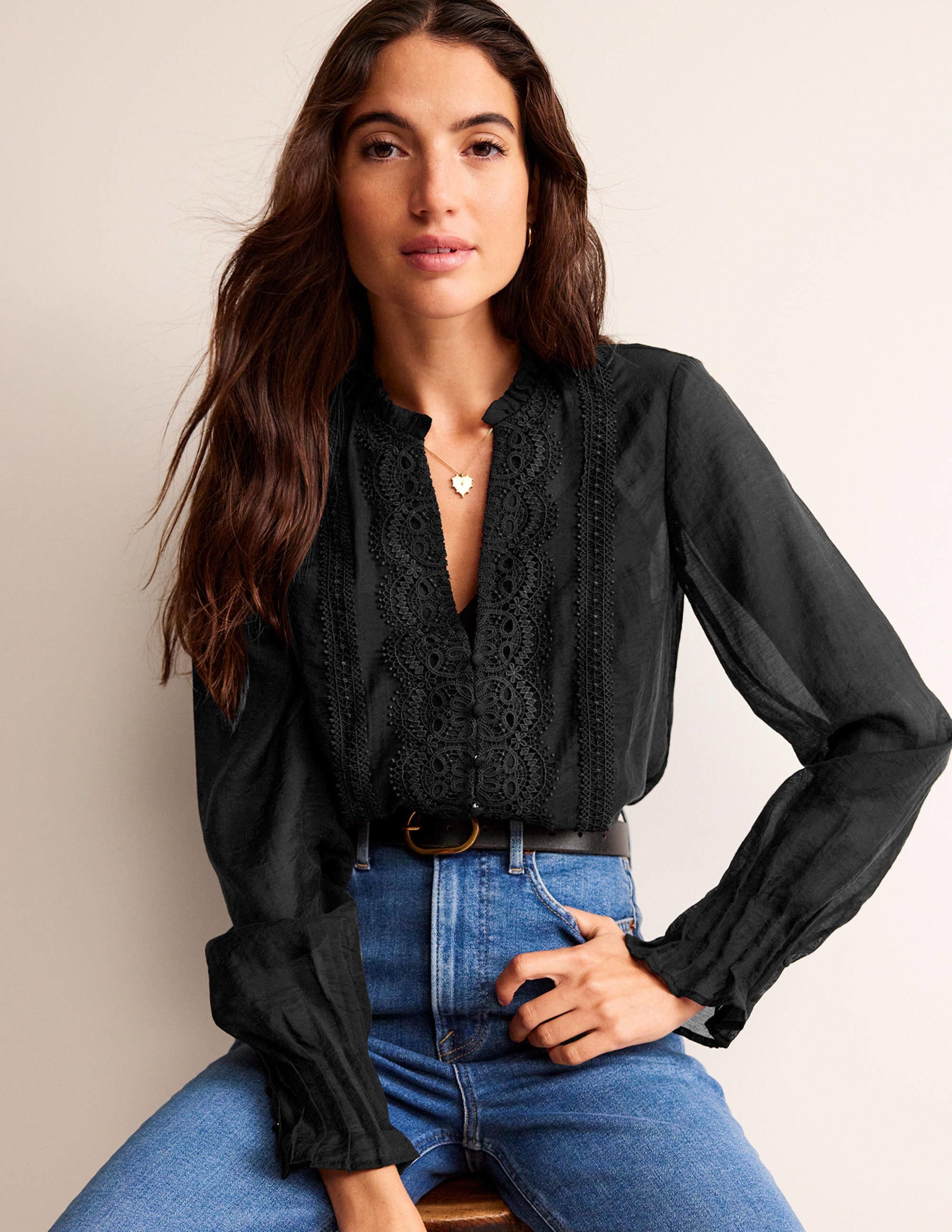 Lace-Trim Frill Top-Black - Image 2