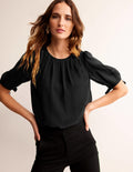 Organza Puff-Sleeve Top-Black