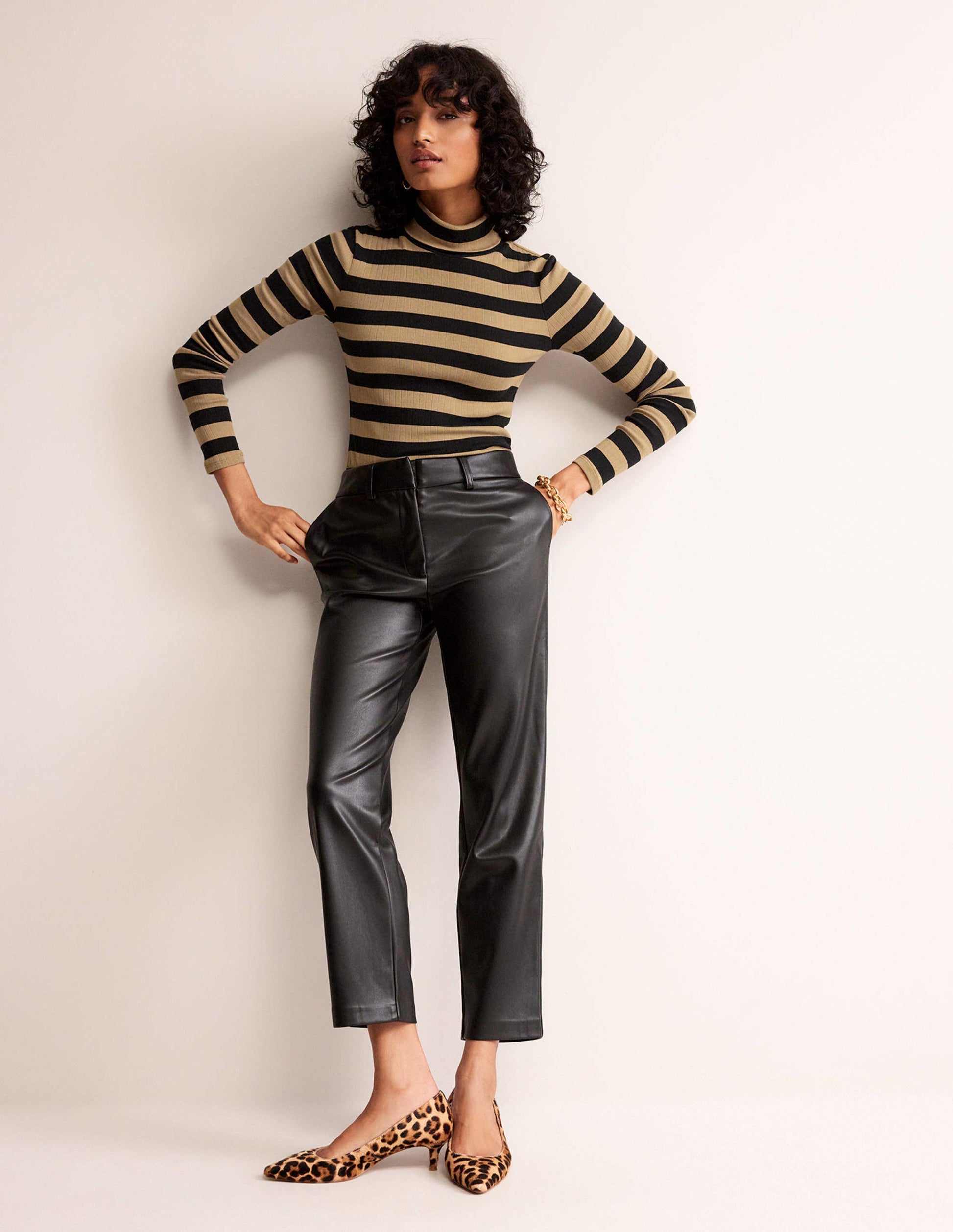Anna Rib Roll Neck Top-Camel, Black-4
