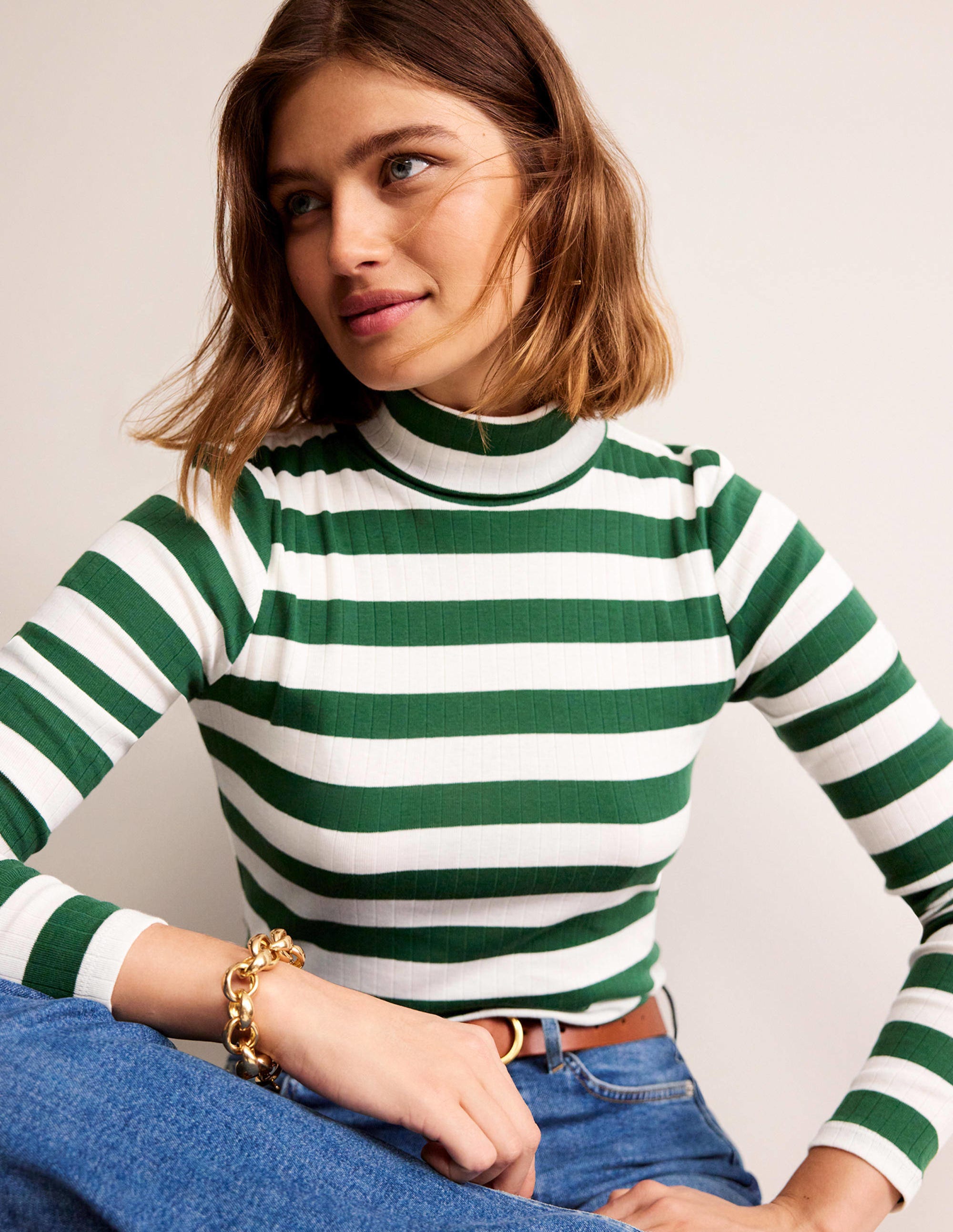 Anna Rib Roll Neck Top-Amazon Green, Ivory - Image 1